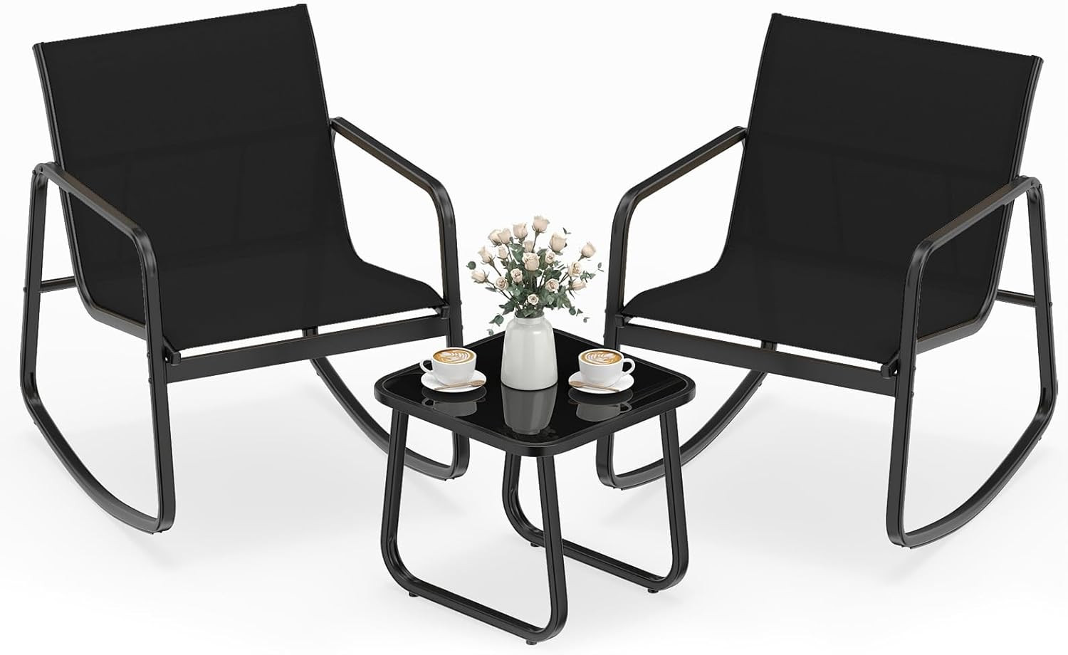 3 Pieces Patio Rocking Bistro Set with Glass-Top Table, Rocking Bistro Chairs, S