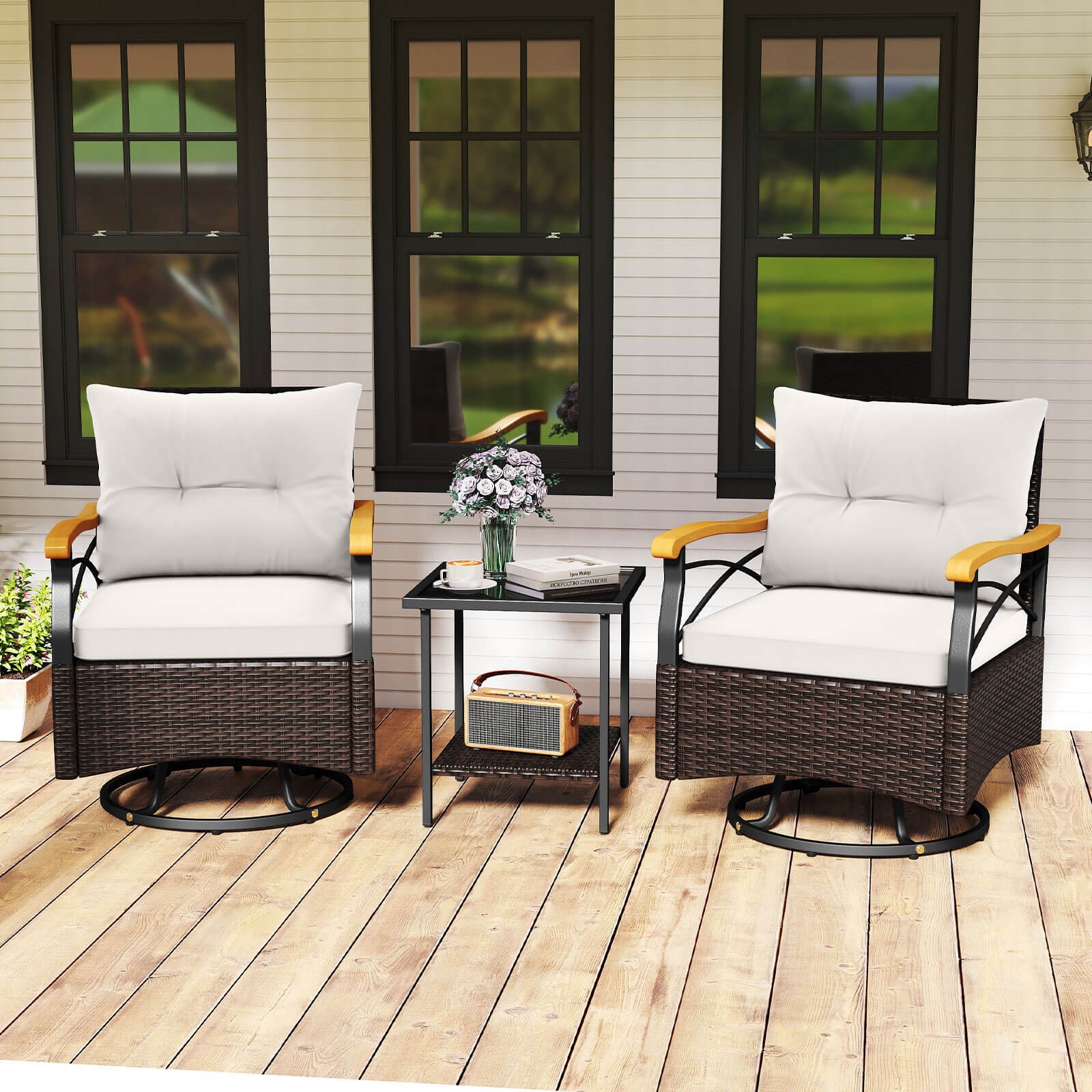 3 PCS Outdoor Swivel Chair Set w/ 2-Tier Tempered Glass Side Table Cushions