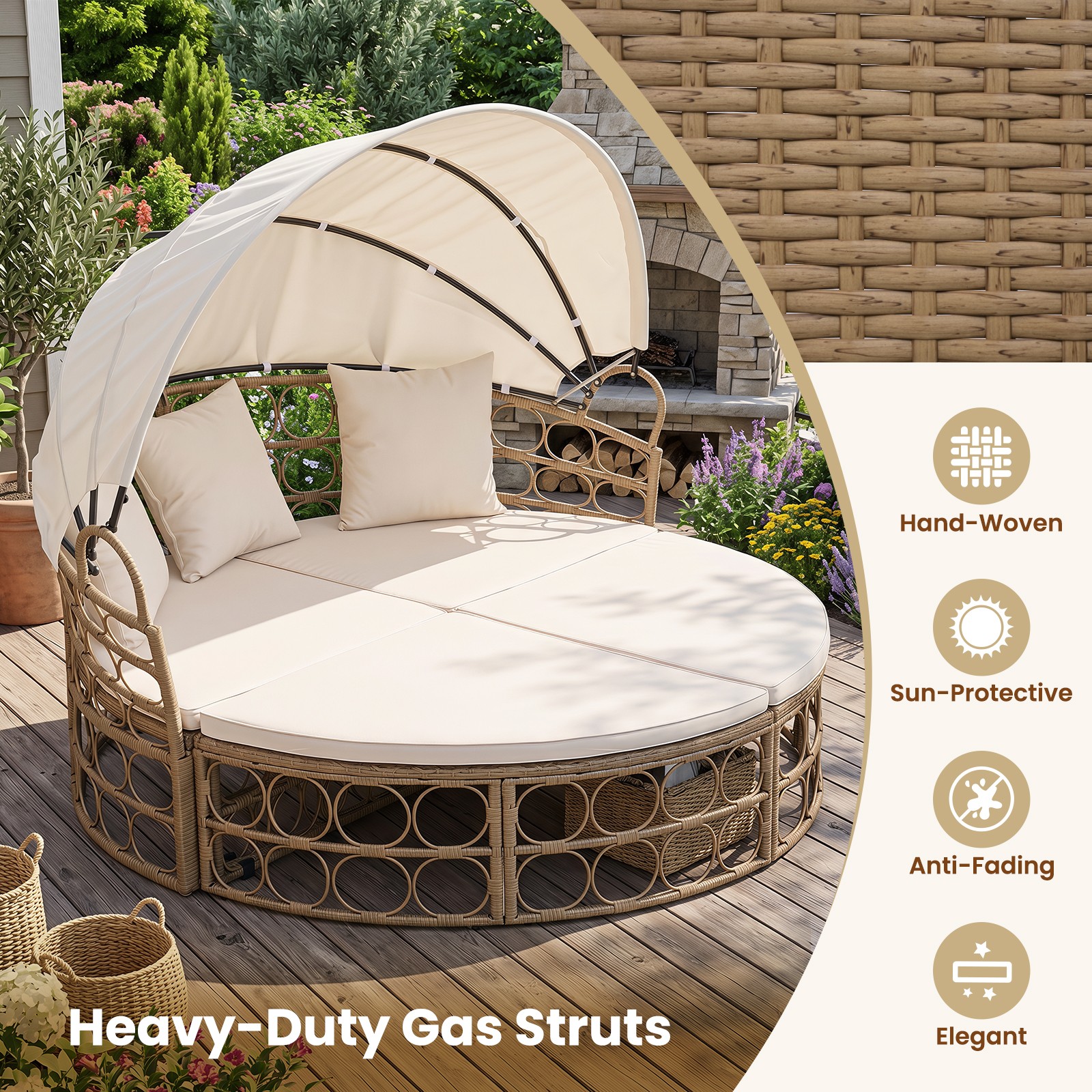 Outdoor Patio Daybed w/ Retractable Canopy & Cushions, Round Sectional Couch