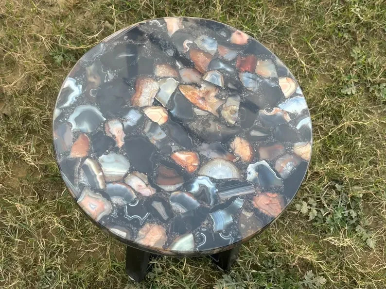 Black Wild Mix Agate Corner Side Table – Natural Gemstone Accent Table, Handmade