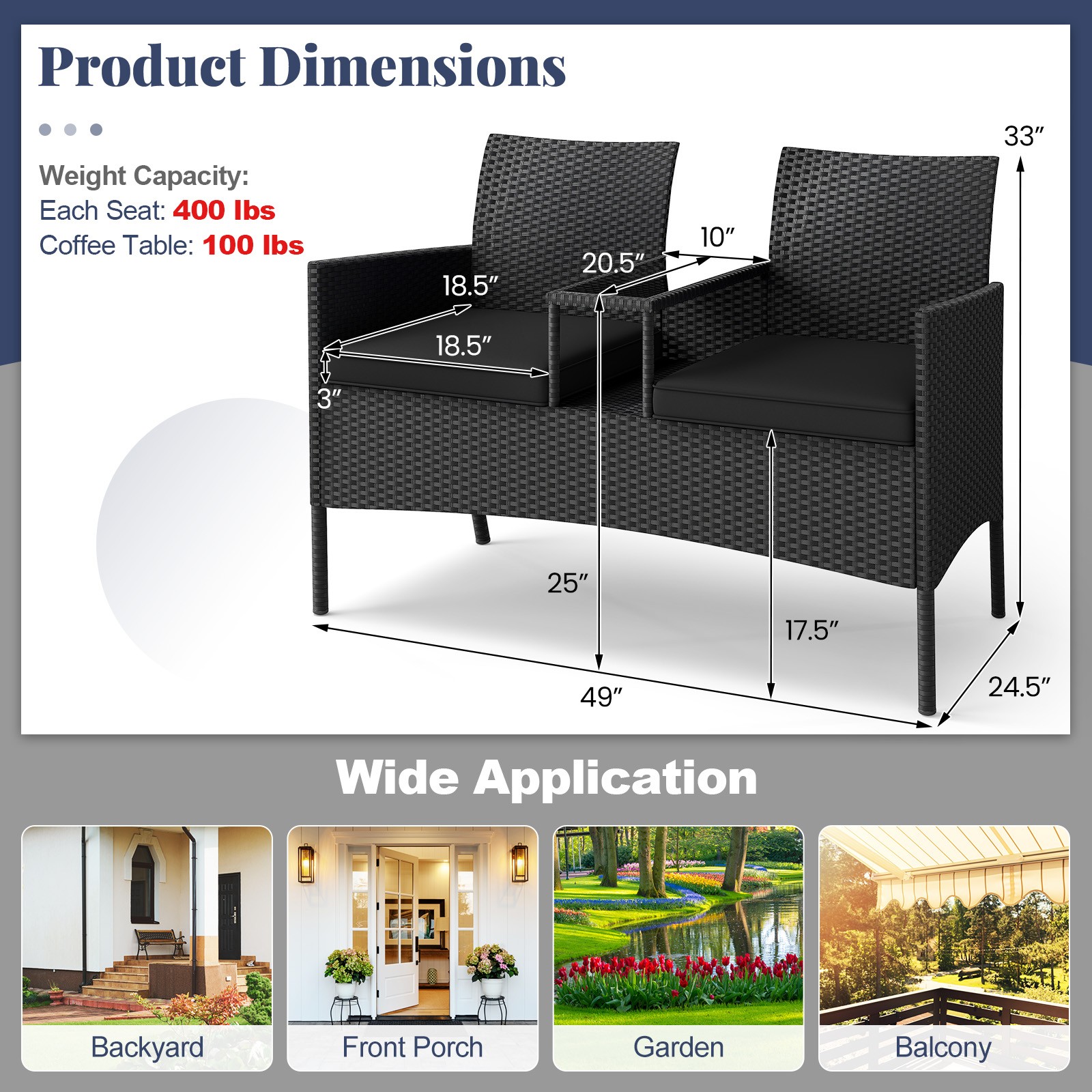 Patio Loveseat with Built-in Table Soft Cushions, Tempered Glass Tabletop
