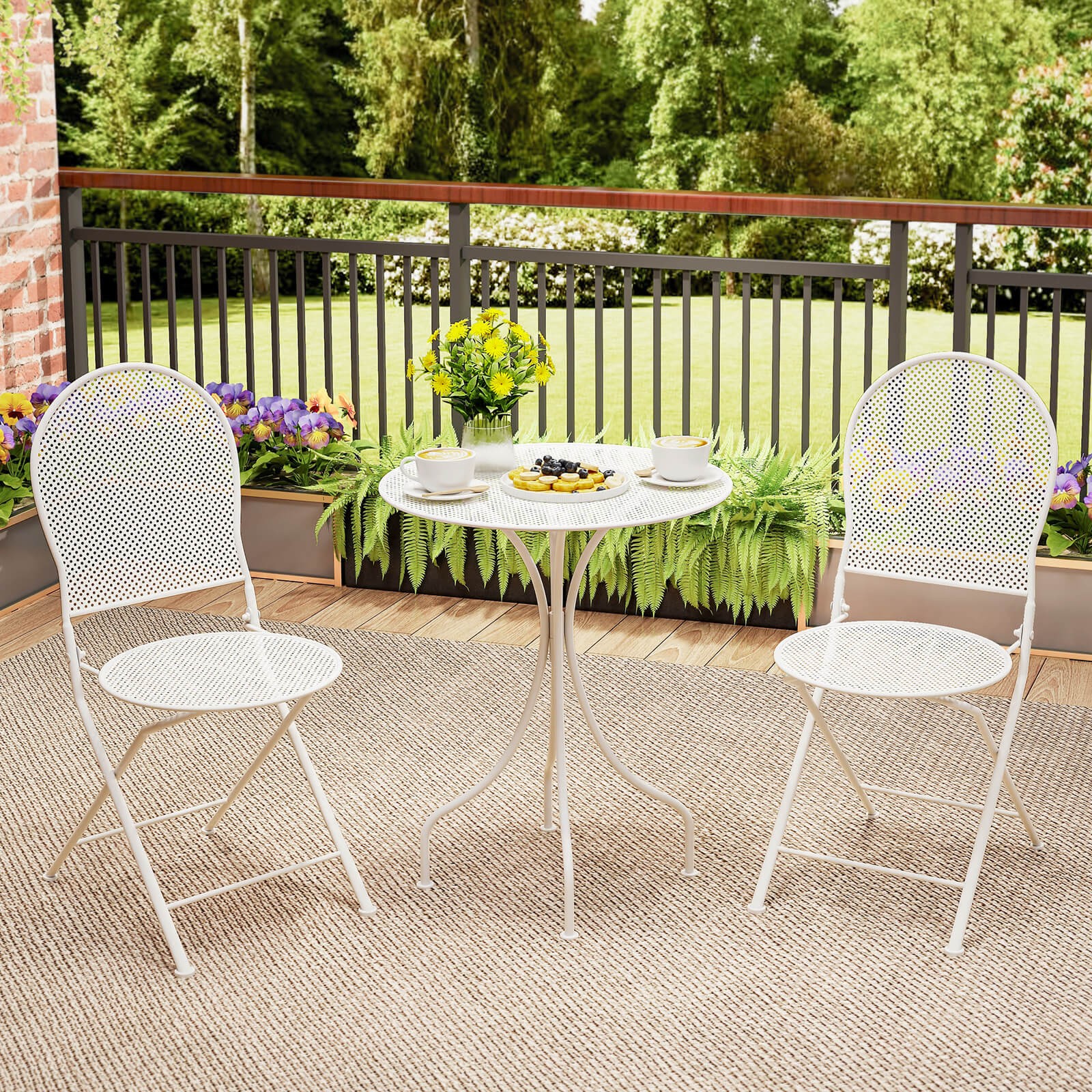 3 PCS Metal Bistro Set Round Table & 2 Folding Chairs w/ Rattan-Like Pattern
