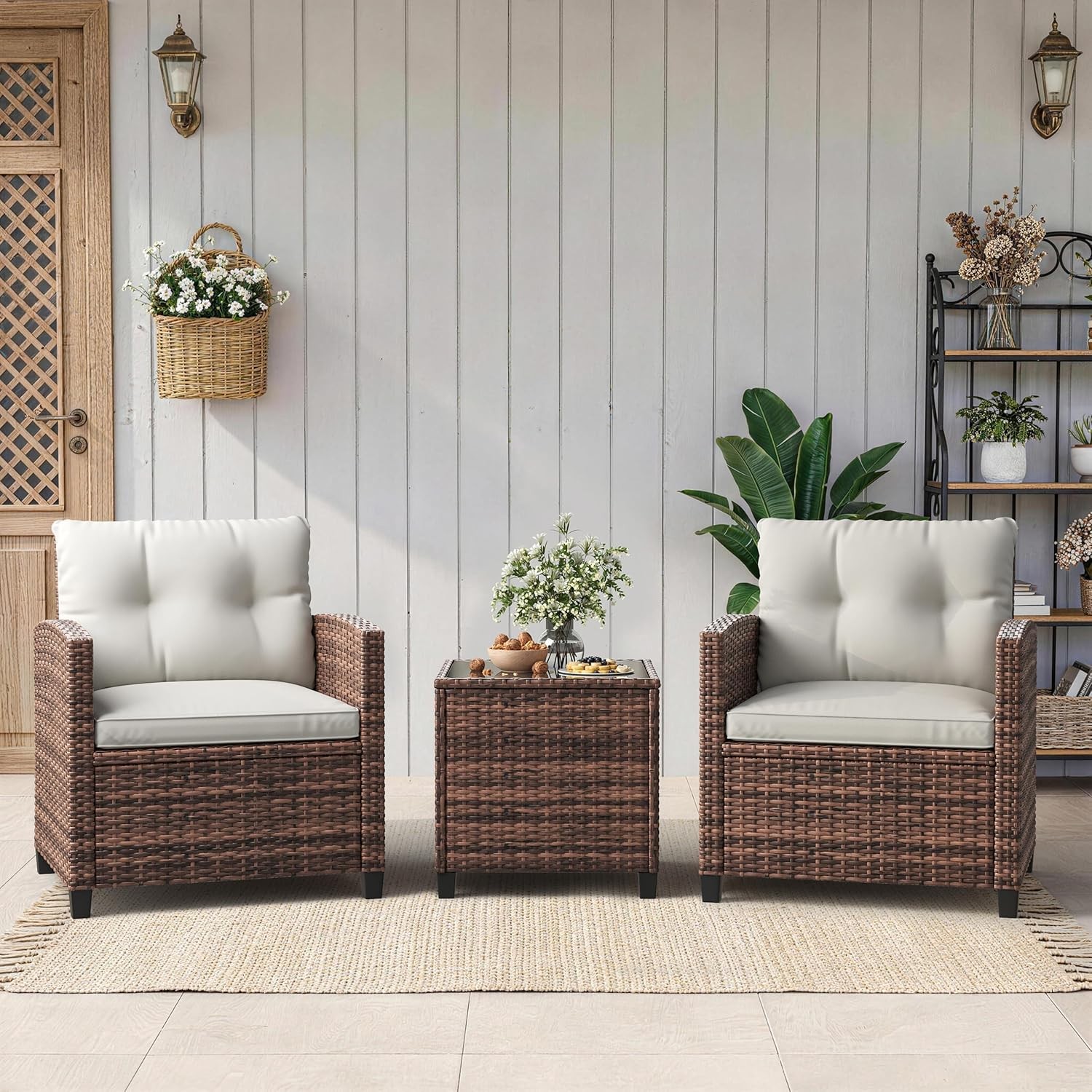 3 PCS Patio Furniture Set Outdoor Rattan Wicker Sofa w/ Cushions and Glass Table