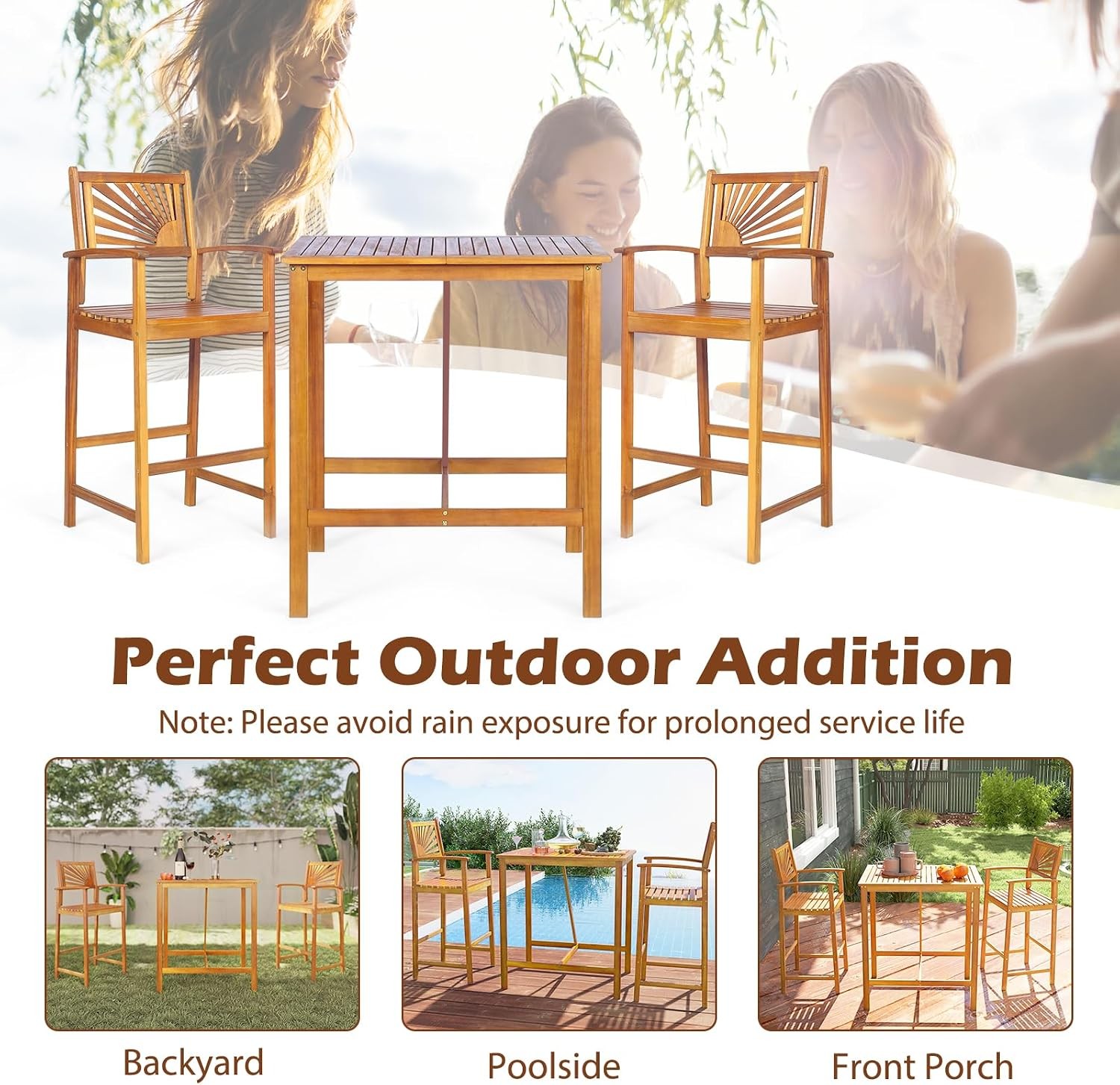 3 Piece Patio Bar Table & Chairs Outdoor Acacia Wood Bar Set w/Slatted Seat