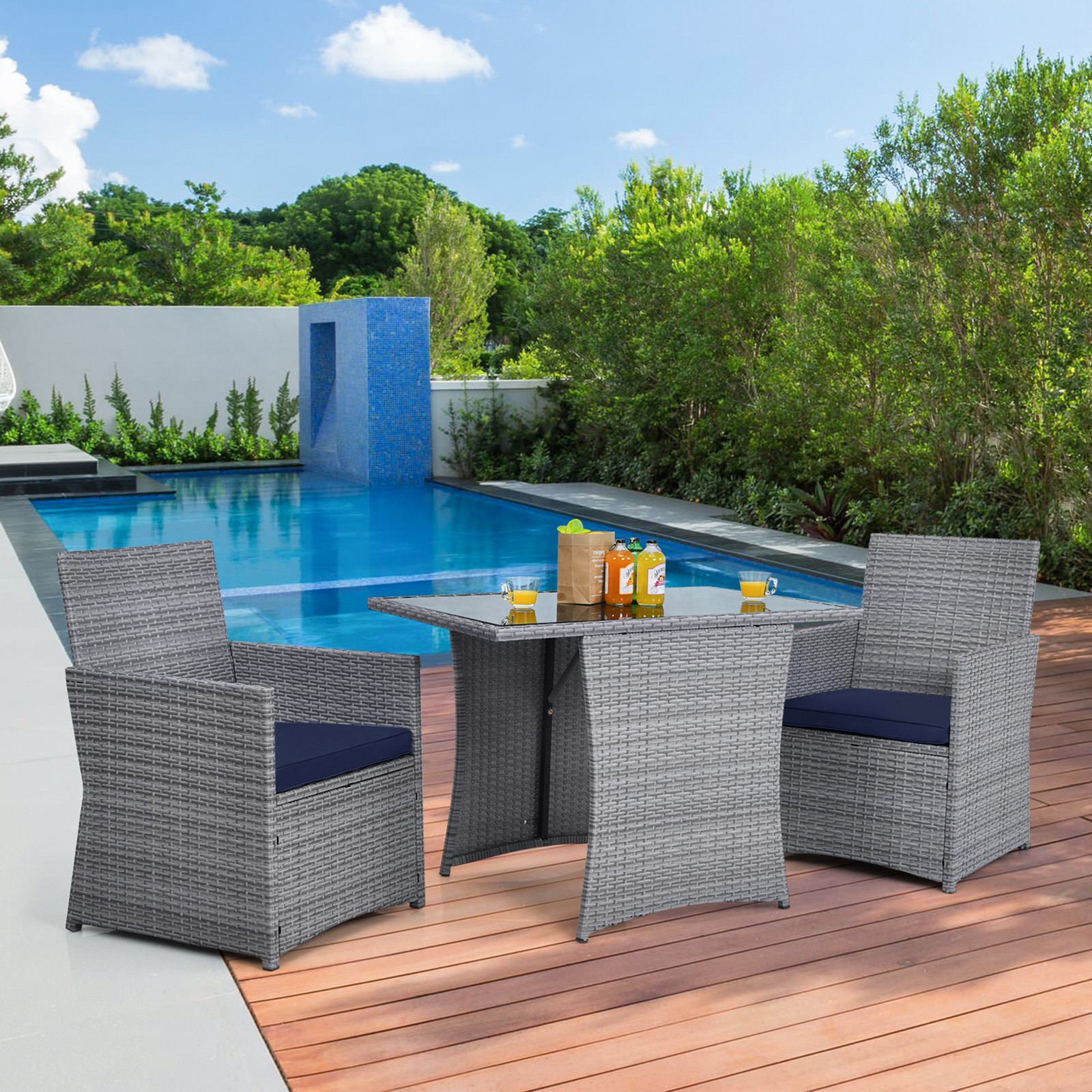 3PCS Outdoor Rattan Conversation Set Patio Dining Table Set w/ Navy Cushions