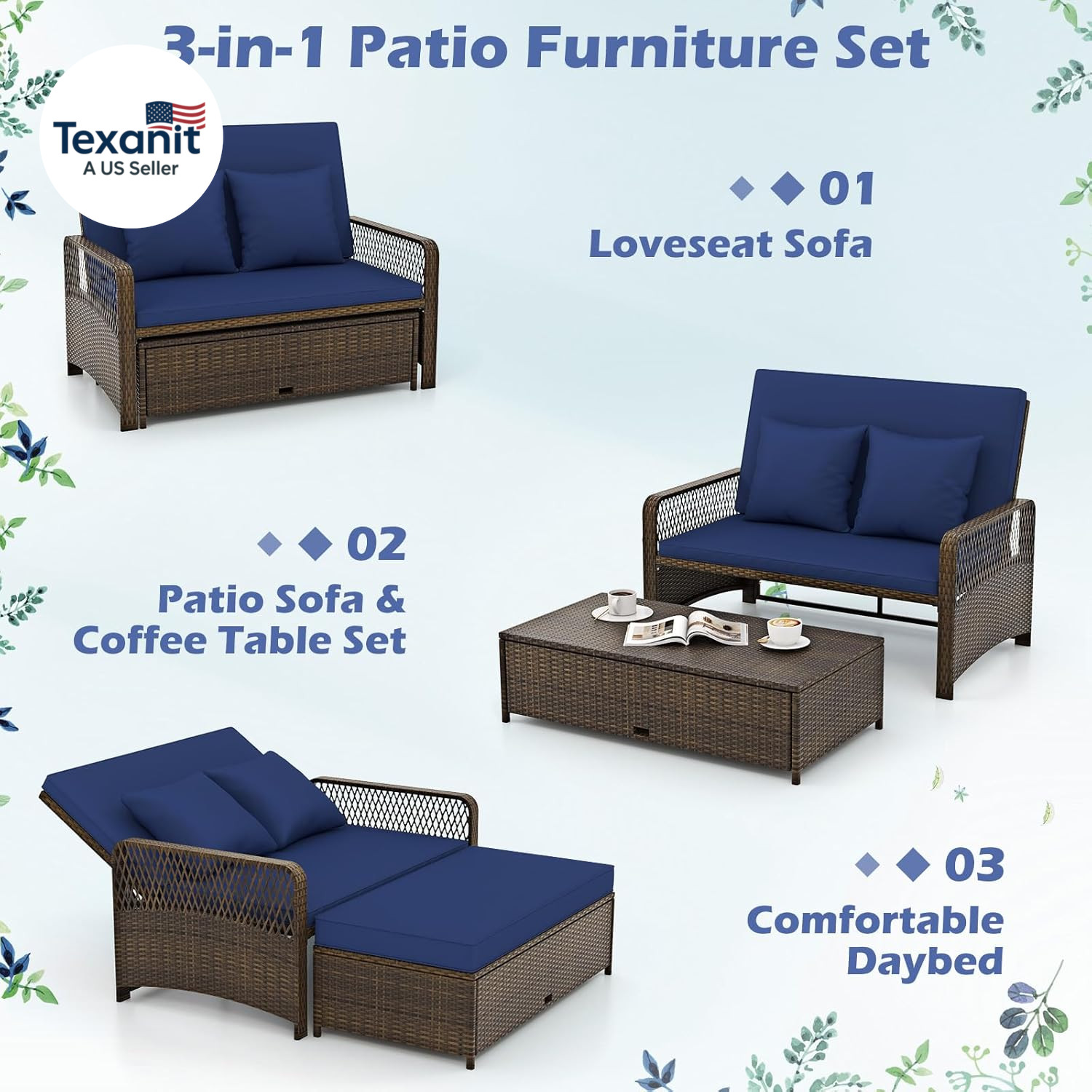 Patio Rattan Daybed with 4-Level Adjustable Backrest, 2-Person Outdoor Wicker Lo