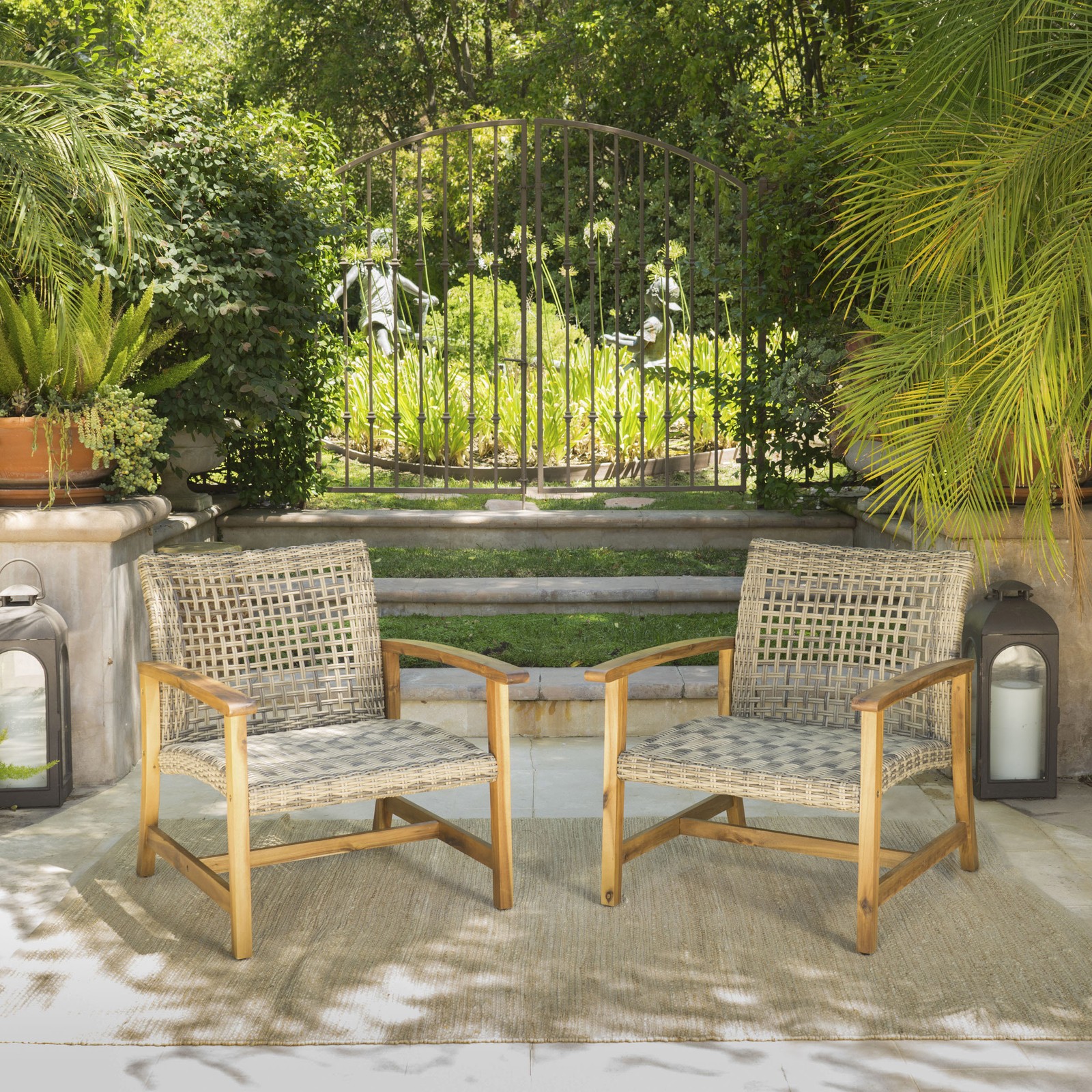 Acacia Wood Wicker Club Chairs, 2-Piece Set, Natural Grey