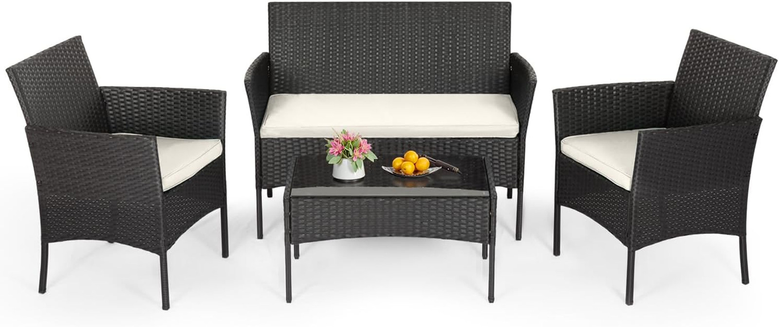 4-Piece Outdoor Patio Furniture Set Wicker Rattan Chairs Sofa Coffee Table Black