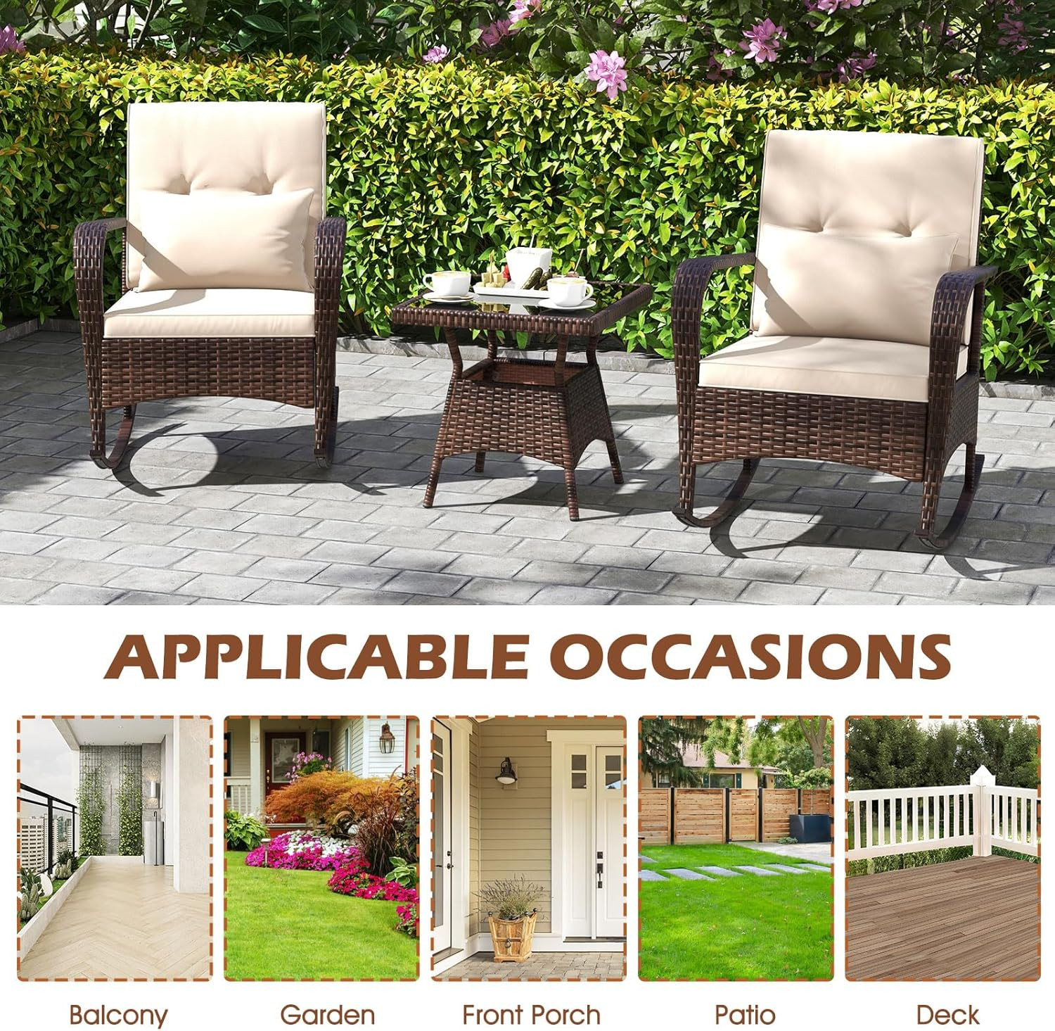 COSTWAY Outdoor Rocking Chairs Set of 2, 3 Piece PE Wicker Patio Bistro Set | Co