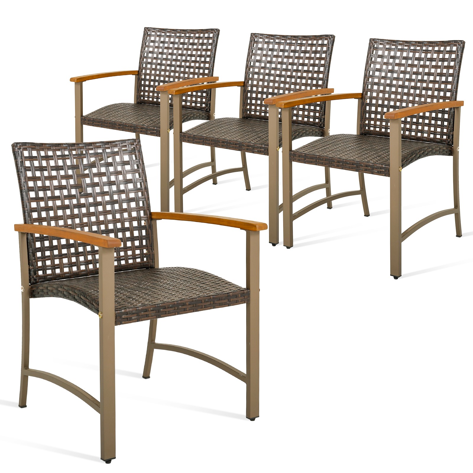 Set of 4 Patio Dining Chairs Outdoor Wicker Armchairs with Acacia Wood Armrests