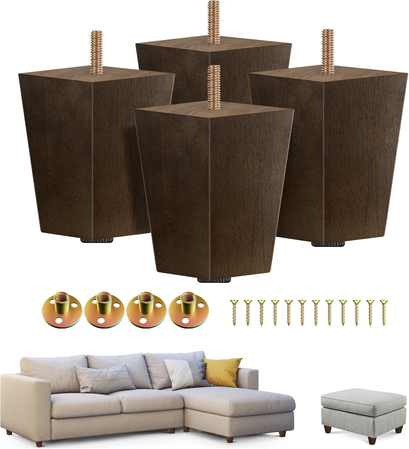 Yes4All 4-Inch Square Wooden Furniture Legs Set of 4, Brown Mid-Century Modern F