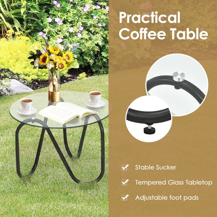 3 Pieces Patio Rattan Furniture Set with 2 Single Wicker Chairs and Glass Side