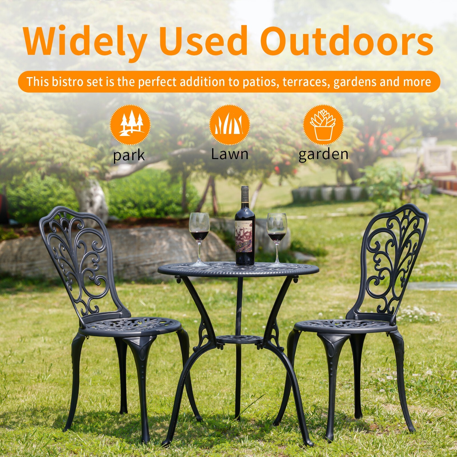 Outdoor Black Cast Aluminum Bistro Table and Chair Set of 2 for Garden