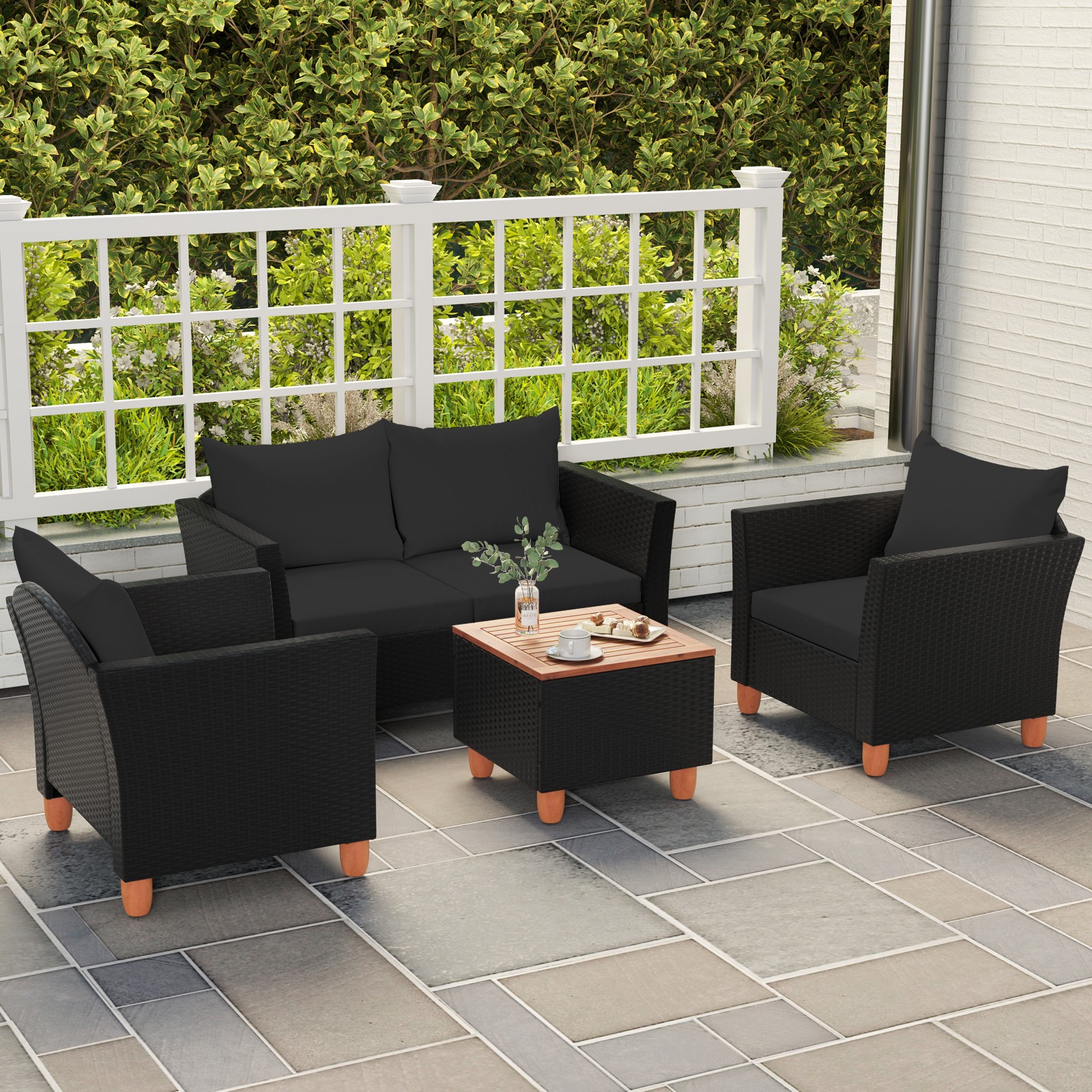 4 Piece Outdoor Conversation Set, Patio Cushioned Chairs w/ Storage Coffee Table