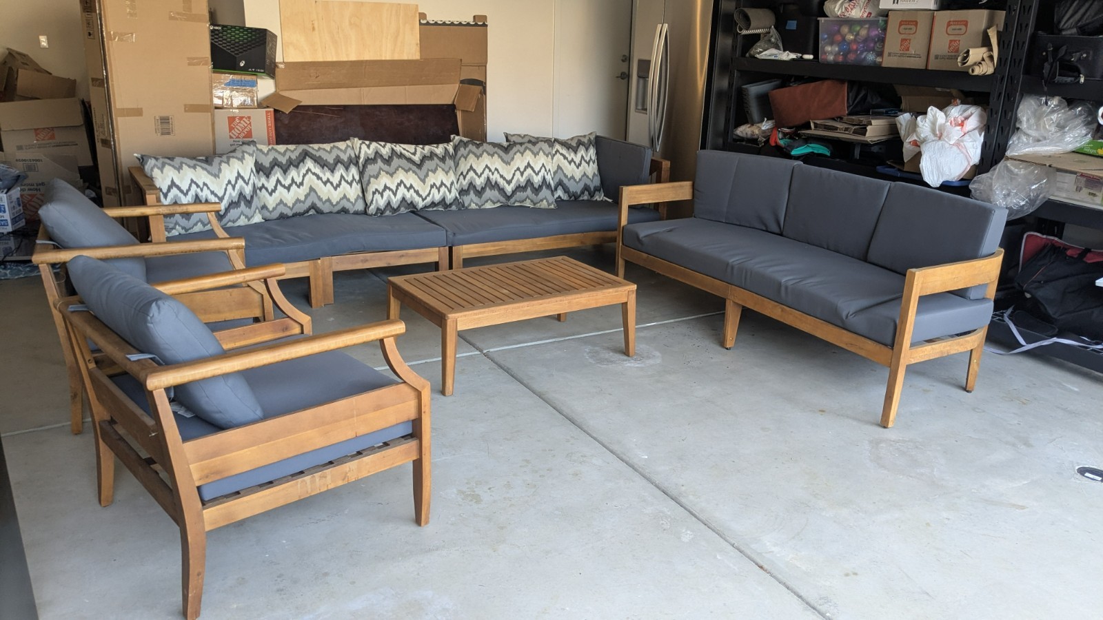 5-Piece Wooden Patio Furniture Set Gray Cushions Sofa Chairs Table