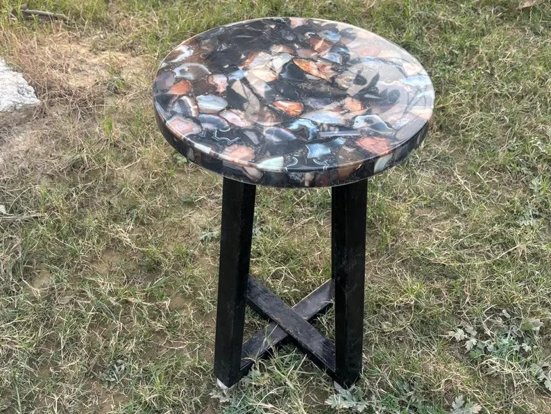 Black Wild Mix Agate Corner Side Table – Natural Gemstone Accent Table, Handmade