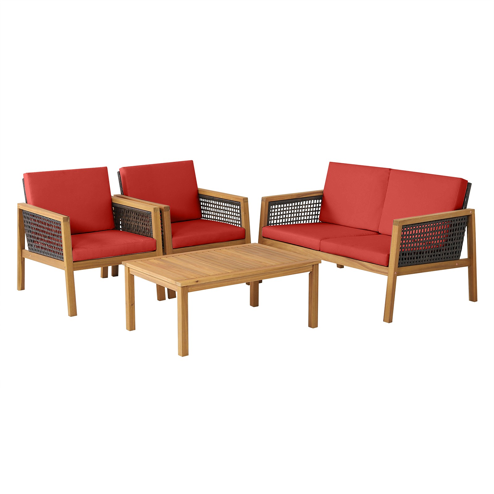 4-Piece Outdoor Acacia Wood Furniture Set Conversation Set Cushioned Red
