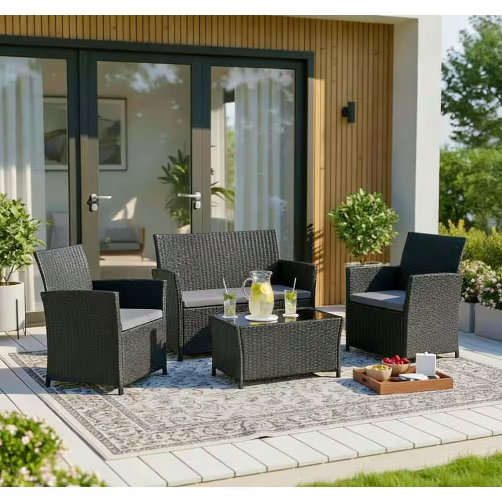 Modern Black PE Rattan Patio Furniture Set 4-Piece Outdoor Sectional Sofa Set…