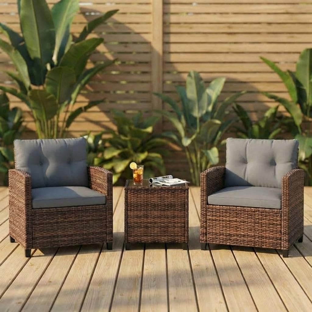 3 PCS Patio Furniture Set Outdoor Rattan Wicker Sofa w/ Cushions and Glass Table