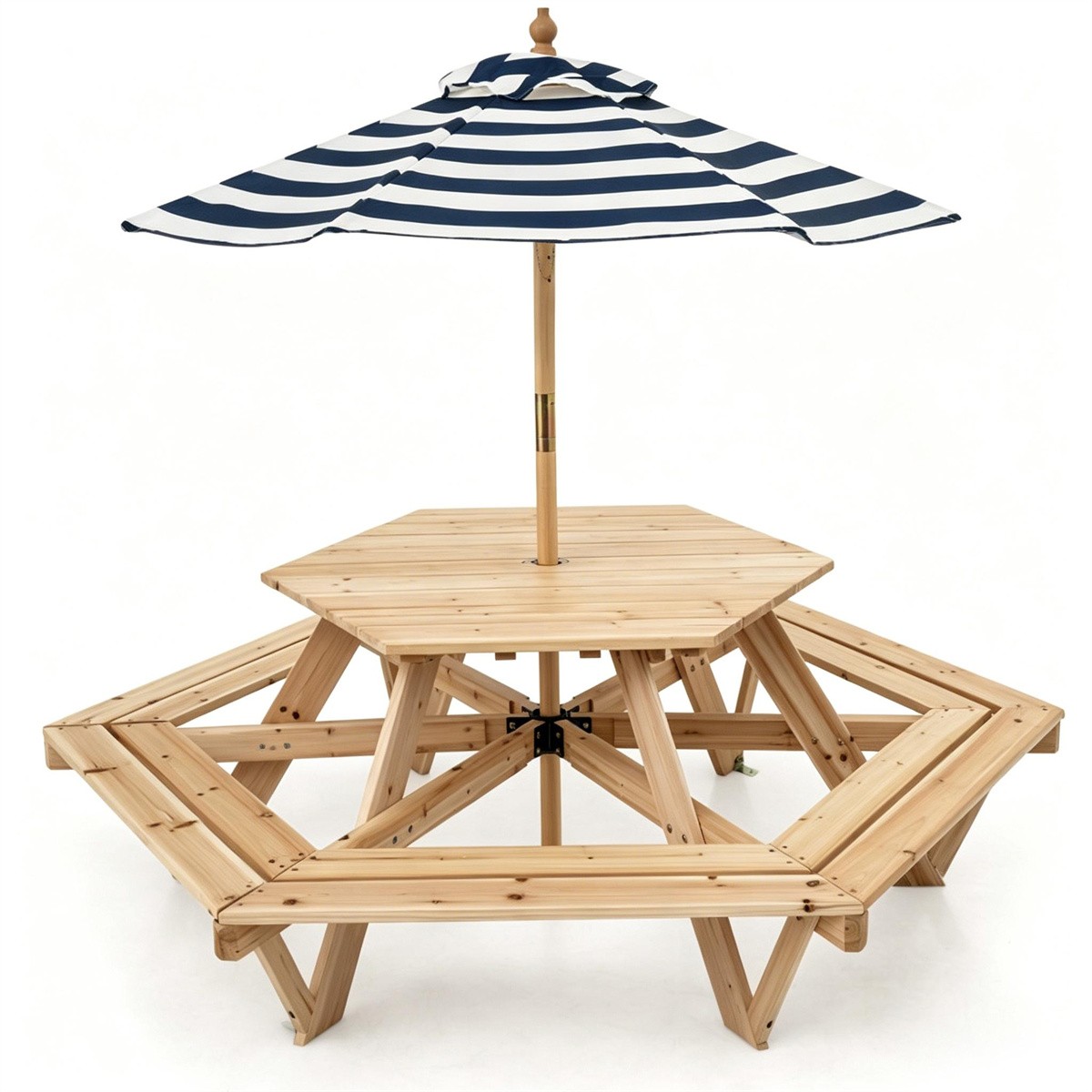 Hexagonal Kids Picnic Table & Bench Set for 6 w/ Umbrella, Fir Wood