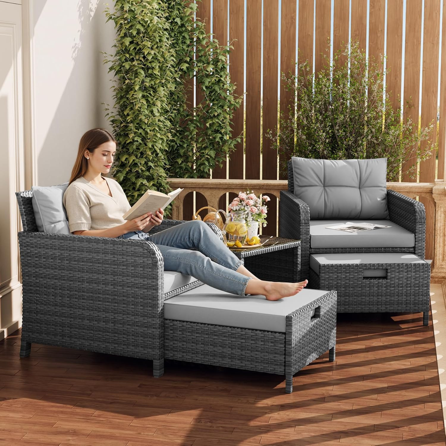 Lhbcraft Outdoor Furniture 5 Piece Patio Conversation Set, PE Rattan Patio Set w