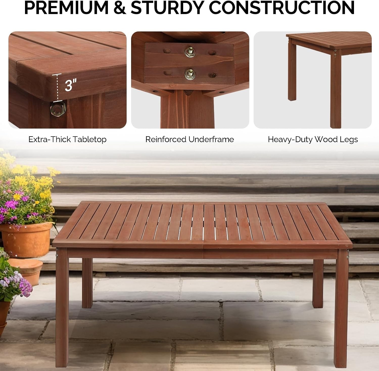 Patio Dining Table 6-Person Indoor Outdoor Wood Dining Table Rectangular Patio