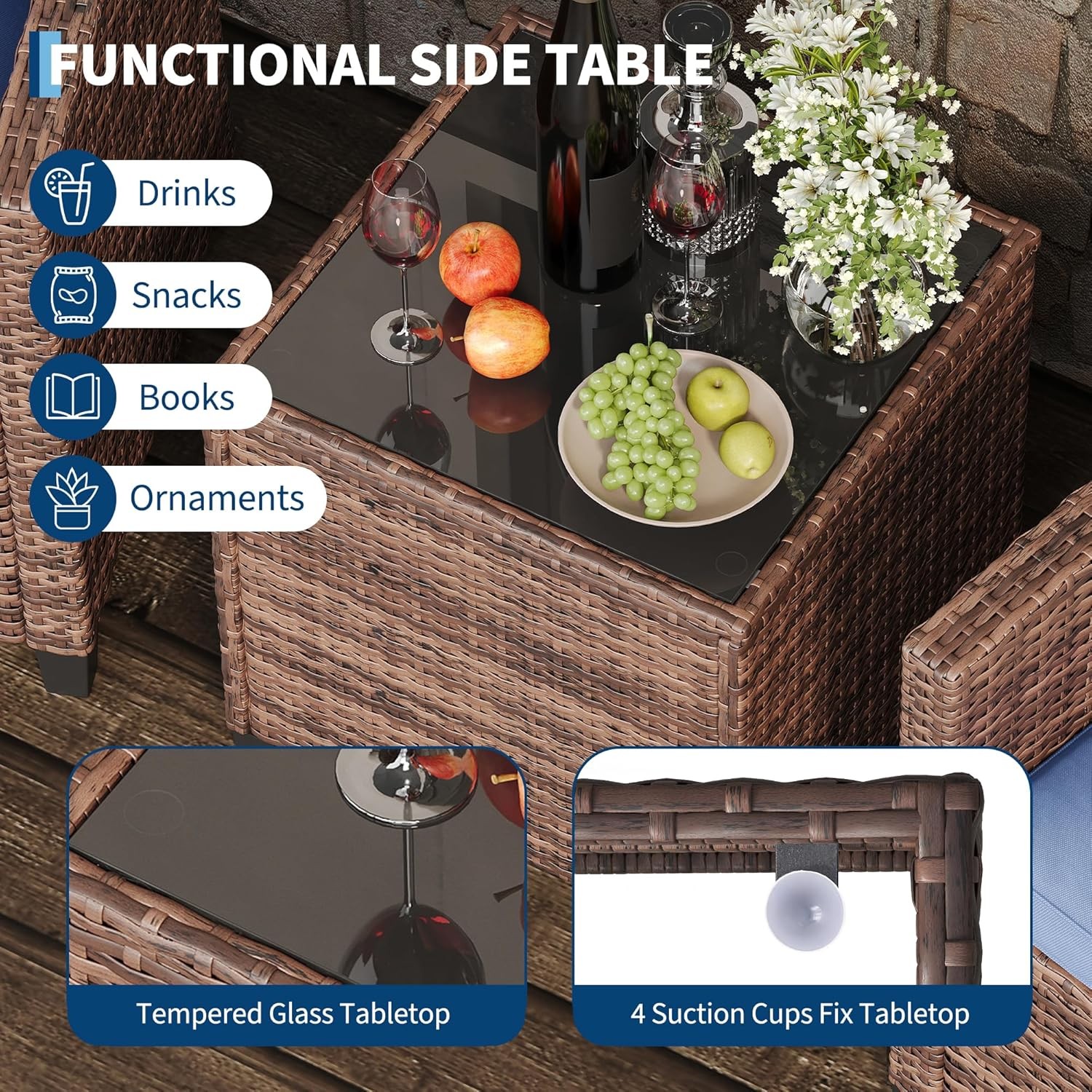 3 PCS Patio Furniture Set Outdoor Rattan Wicker Sofa w/ Cushions and Glass Table