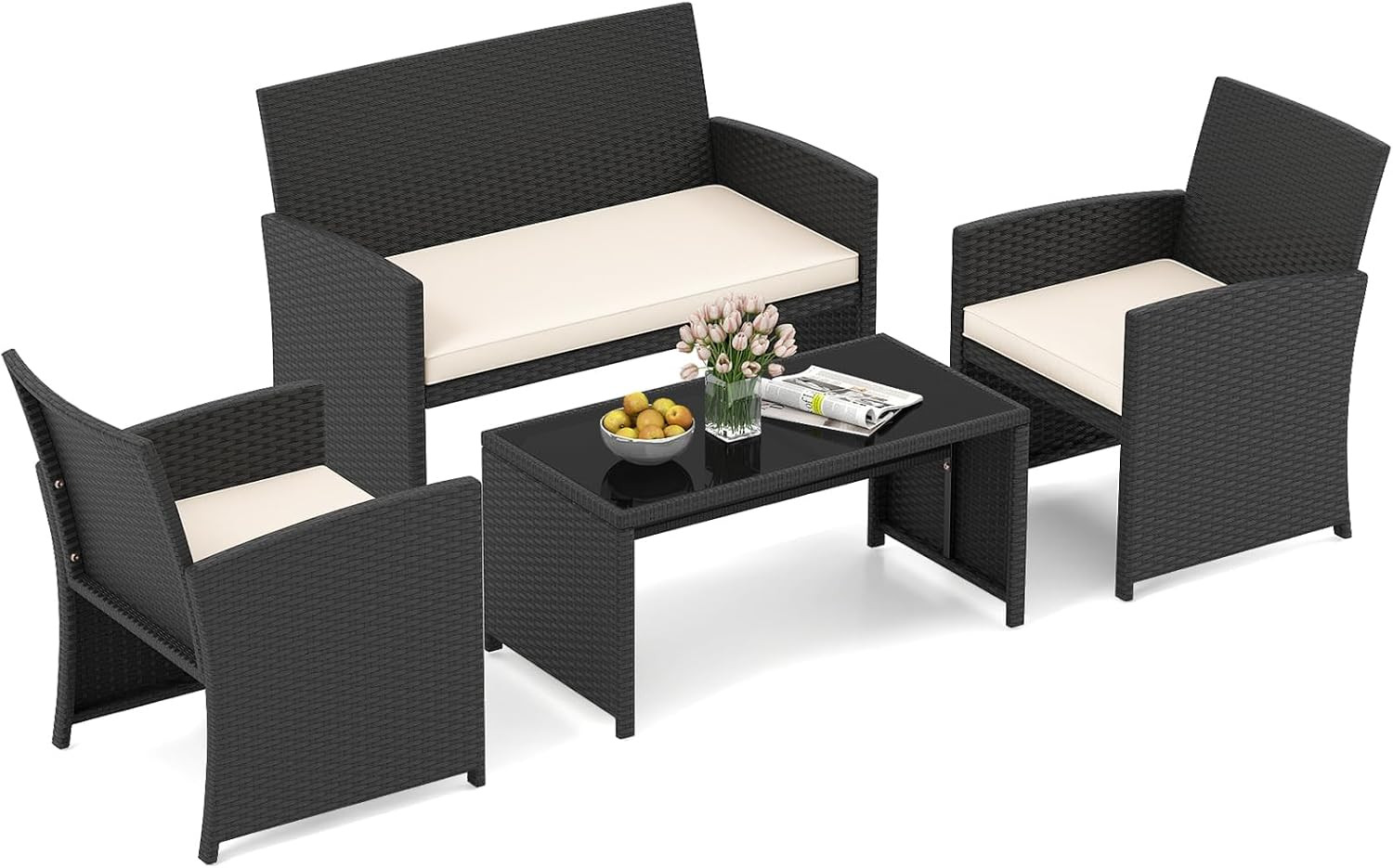 4 Piece Rattan Wicker Patio Conversation Set, Outdoor Furniture with Chair Loves