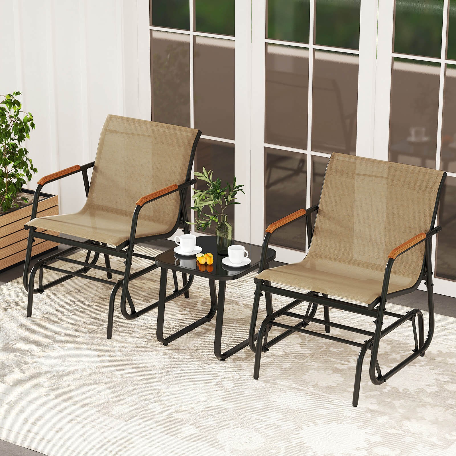 3 Piece Outdoor Gliding Set w/ Tempered Glass Coffee Table Teak Wood Armrests