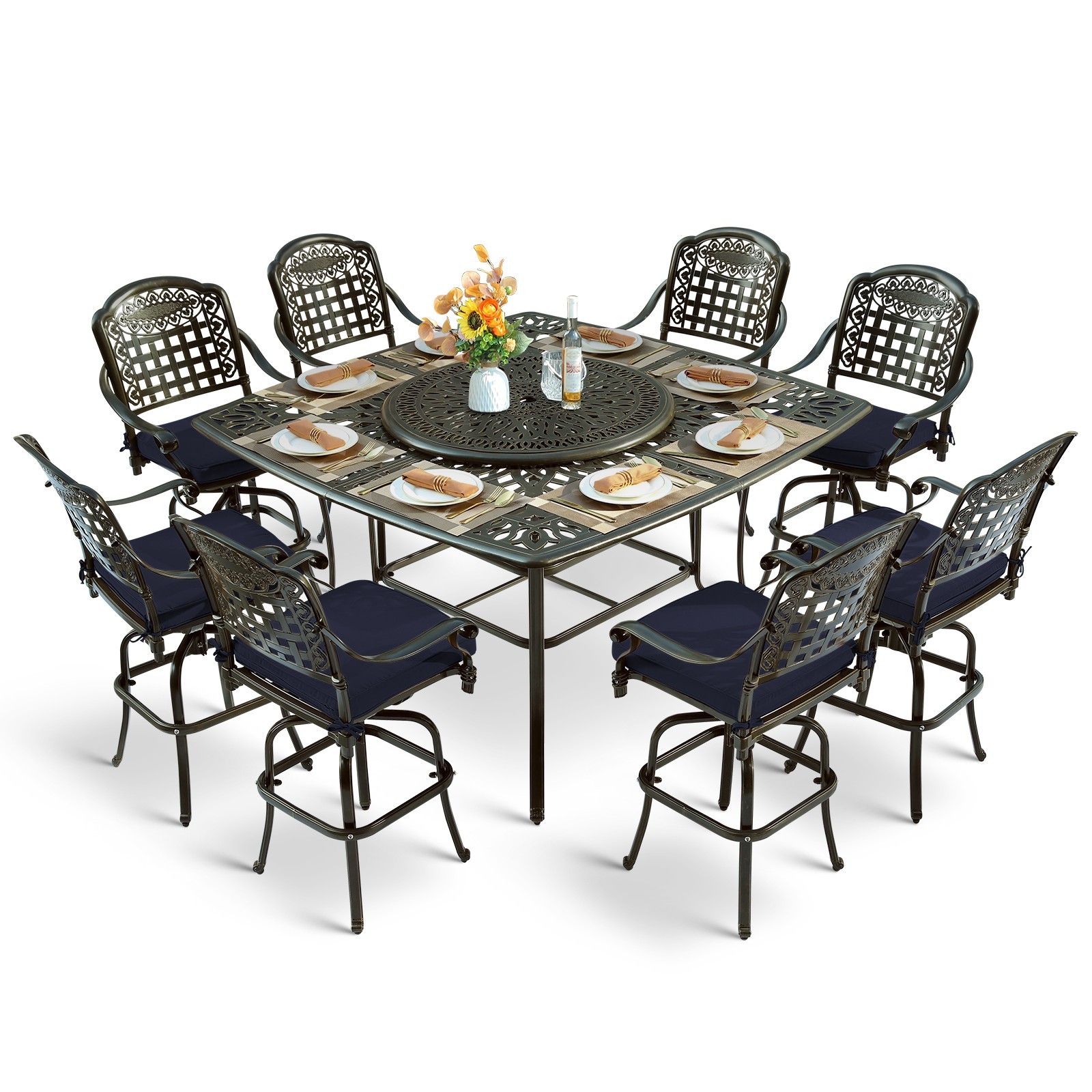 10-PCS Outdoor Swivel Bar Set Patio Bar Table and Chairs Set w/ 35.4″ Lazy Susan