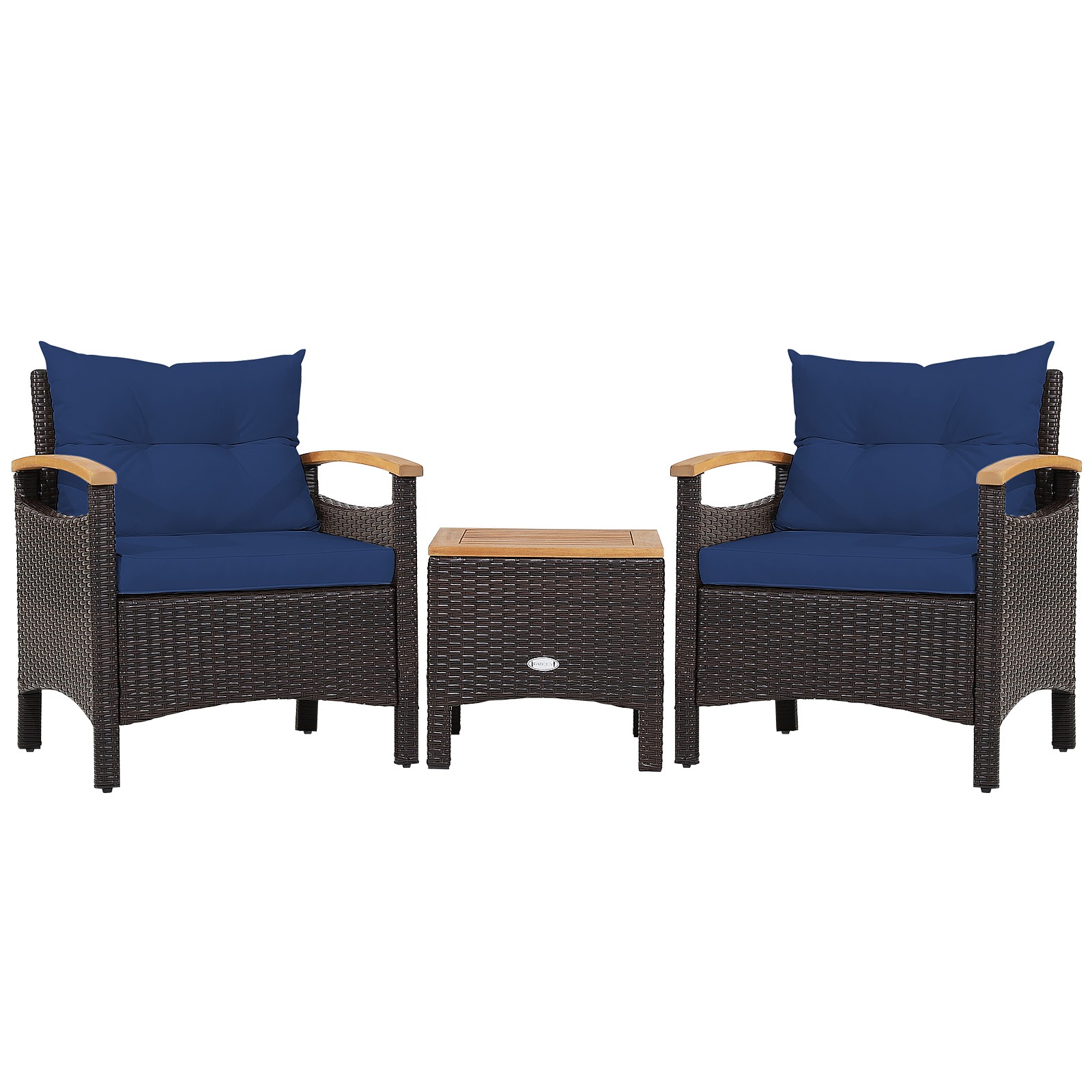 3 PCS Patio Rattan Furniture Set Wooden Armrest Table Top Cushioned Deck