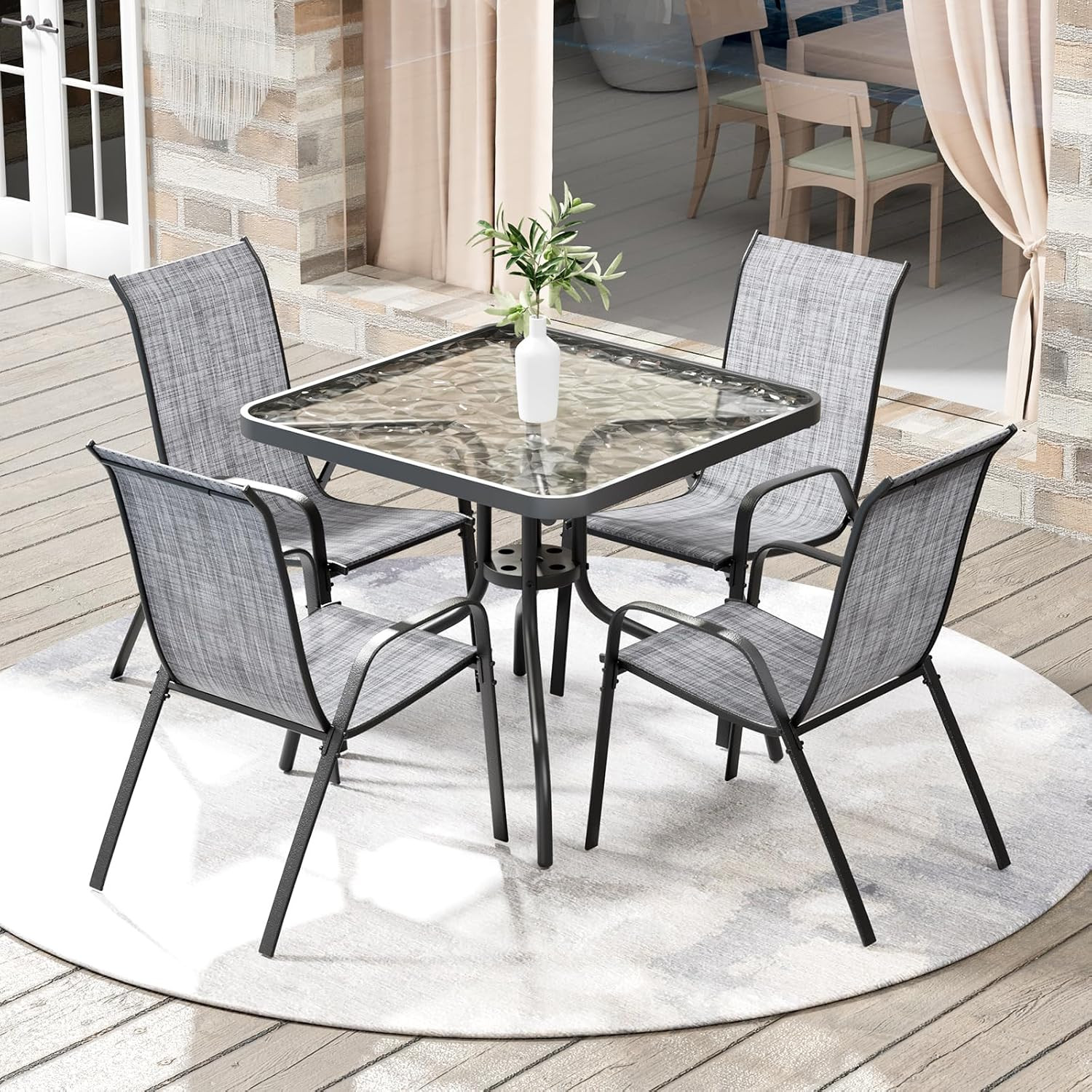 5 Piece Outdoor Patio Dining Set (Umbrella Not Included), Porch Furniture with 4