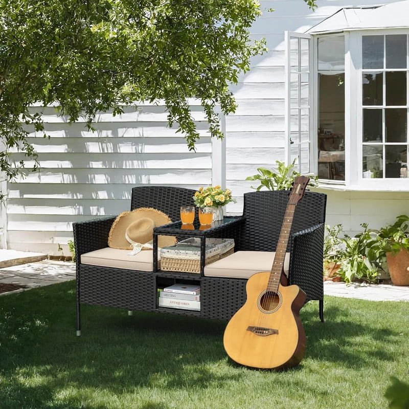Outdoor Patio Loveseat Black Wicker 2-Seat Patio Set with Cushions & Center