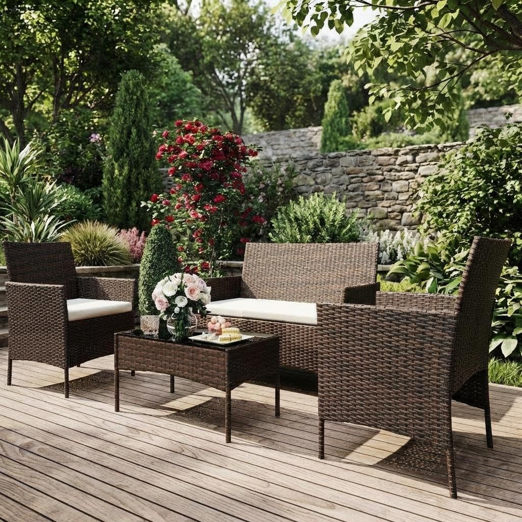 4pcs Patio Furniture Set, Outdoor Wicker Conversation Set, Cushion &Coffee Table