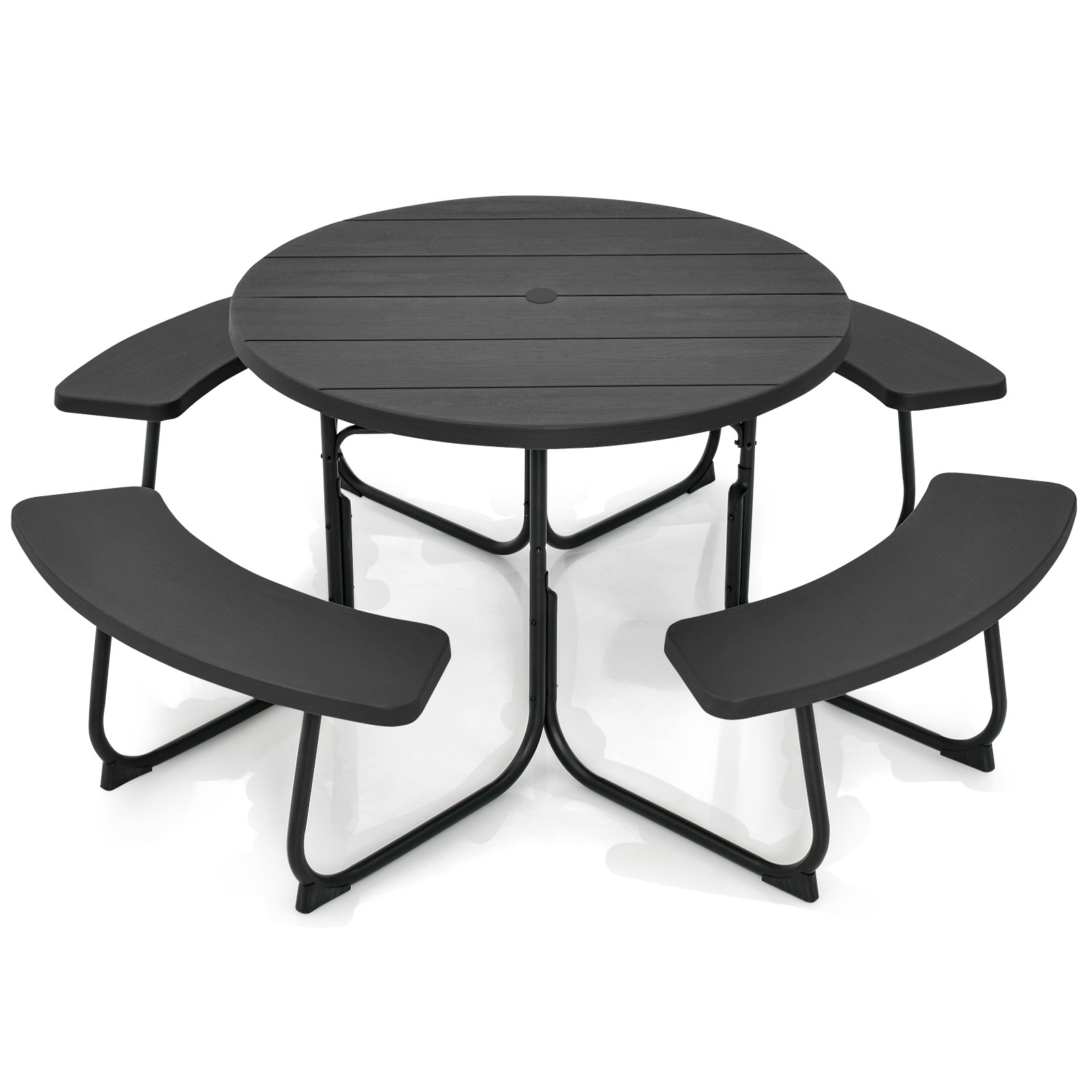 Outdoor 8-person Round Picnic Table Bench Set w/ 4 Benches & Umbrella Hole Black