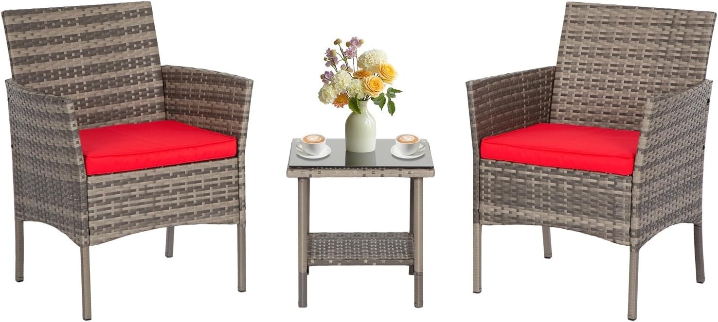 Modern 3-Piece Outdoor Wicker Bistro Set with Red Cushions for Elegant Patios
