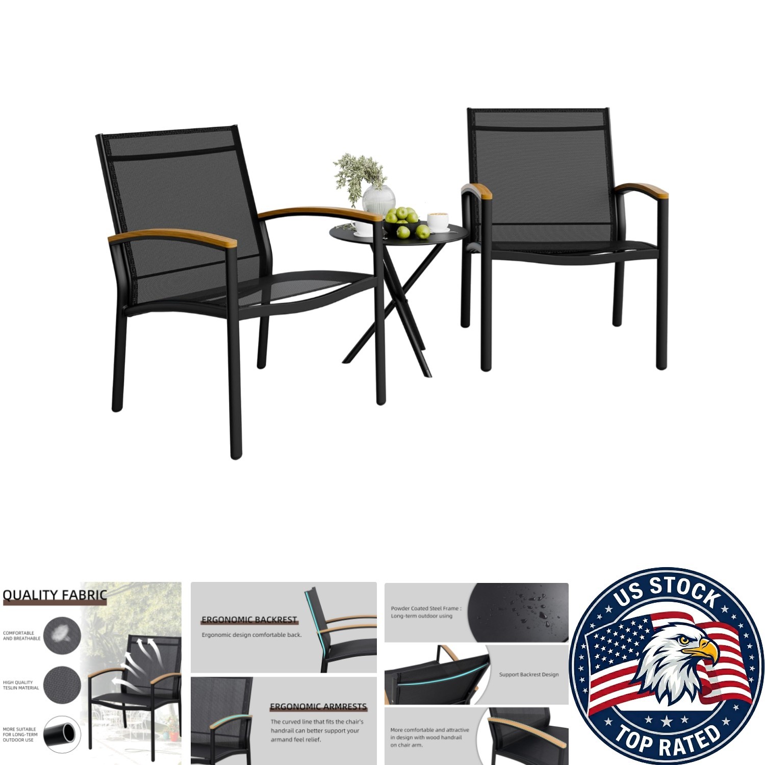 3-Piece Black Patio Bistro Set with Breathable Textilene Chairs & Glass Table