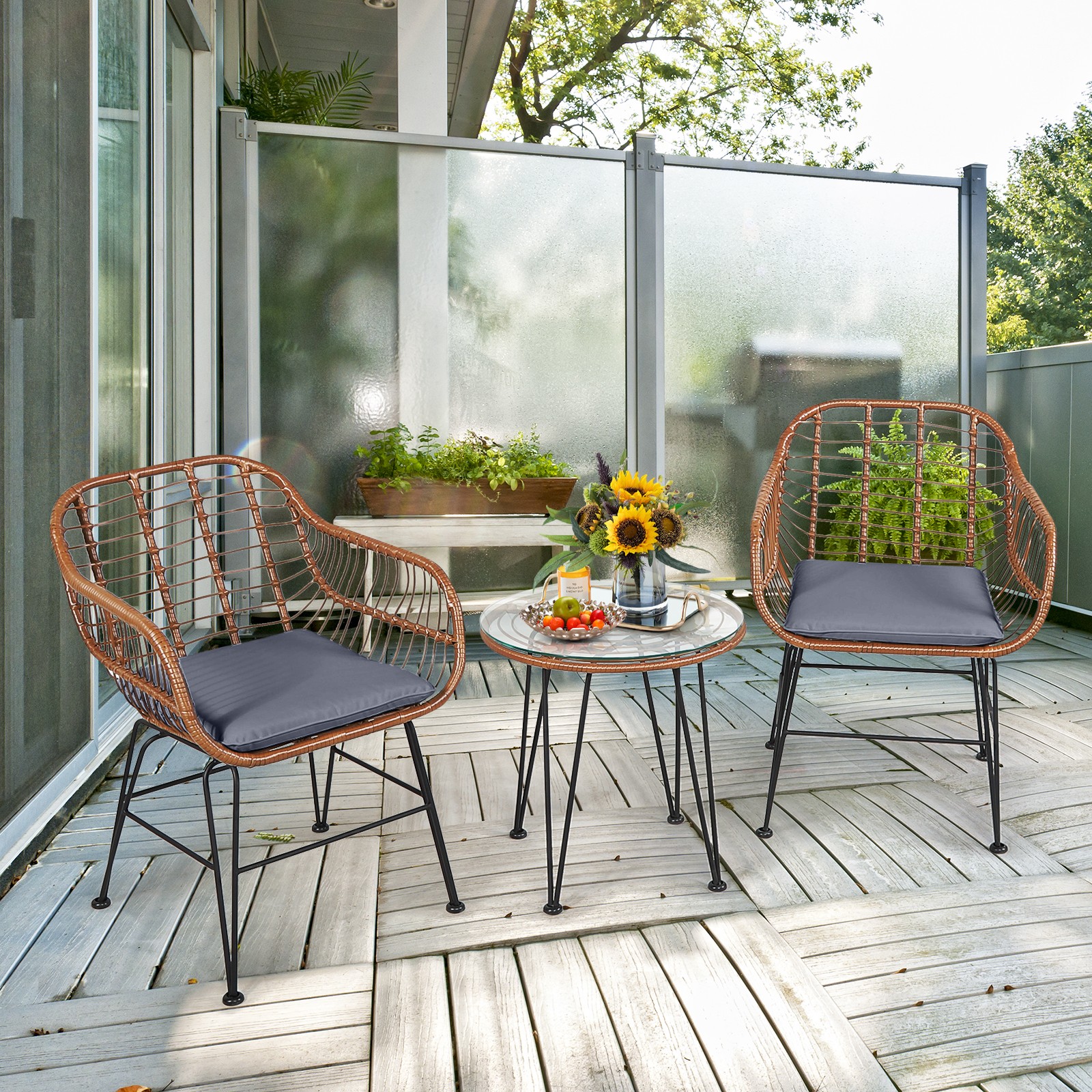 Patiojoy 3PCS Patio Rattan Bistro Set Coffee Table Armchair Garden Gray Cushion