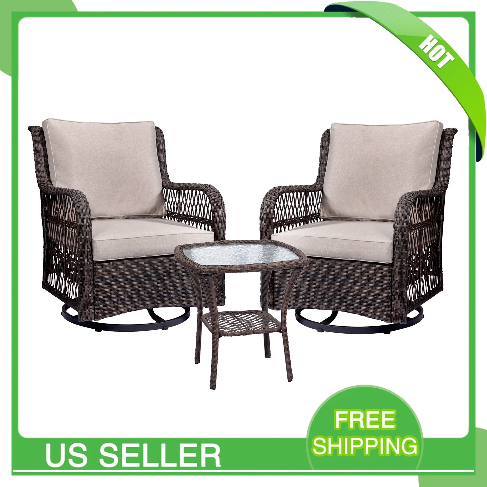 3-Piece Patio Bistro Set Outdoor Wicker Swivel Glider Rocker Chairs with Table