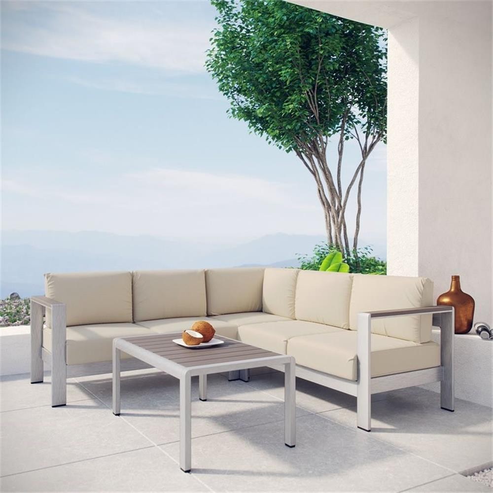 Modway Shore 4-Piece Outdoor Patio Aluminum Sectional Sofa Set in Silver/Beige