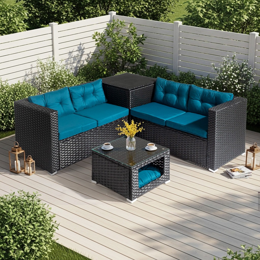 4 Piece Outdoor Patio Rattan Sectional Furniture Chair Set with Pet Coffee Table