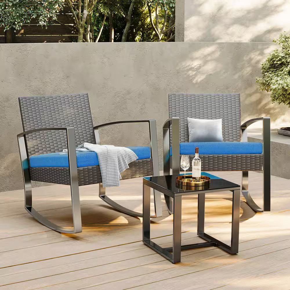 3-Piece Rocking Bistro Patio Furniture Set PE Rattan Steel Frame with Tempered G