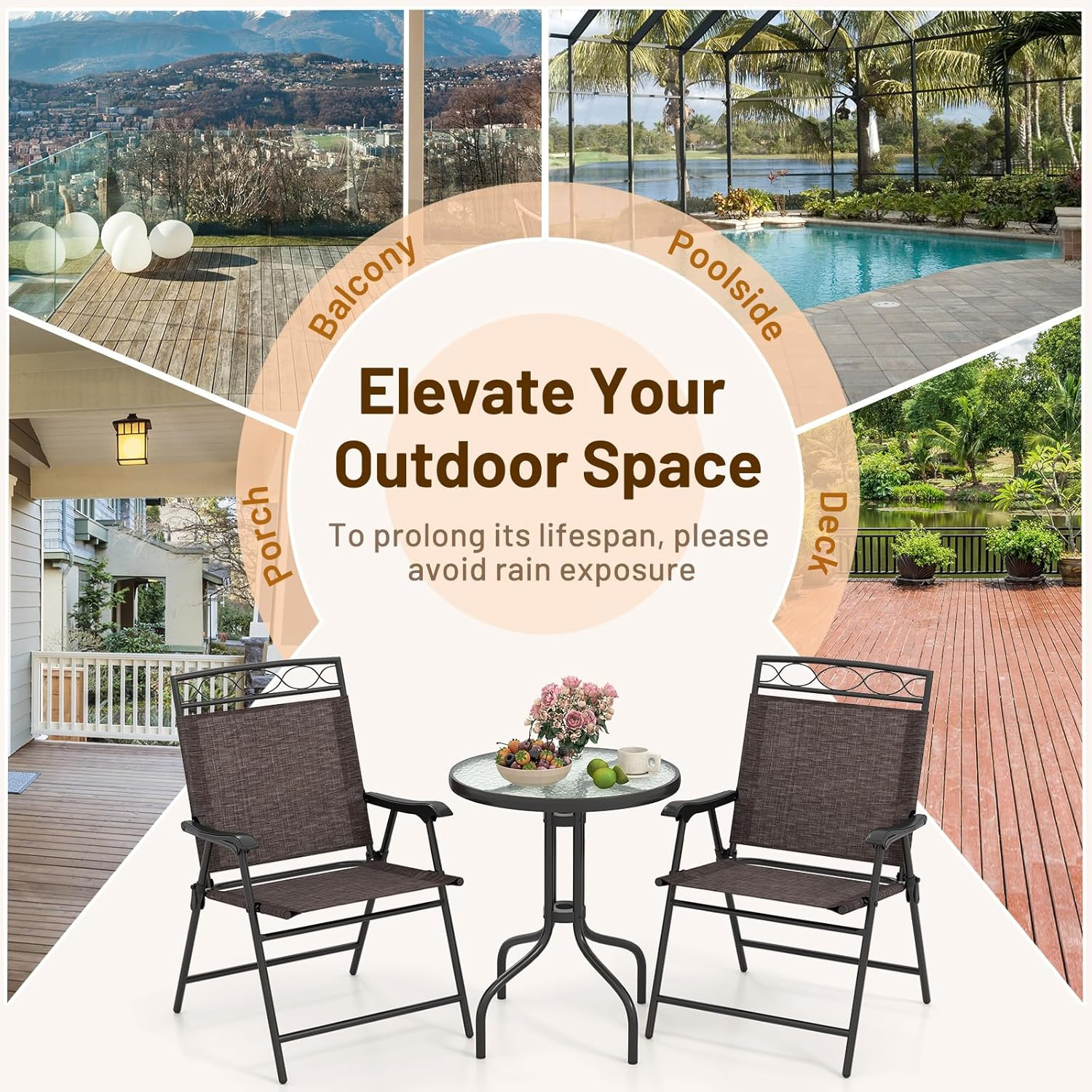3 Pc Patio Dining Set with round Glass Table, Folding Chairs, Outdoor Chairs Tab