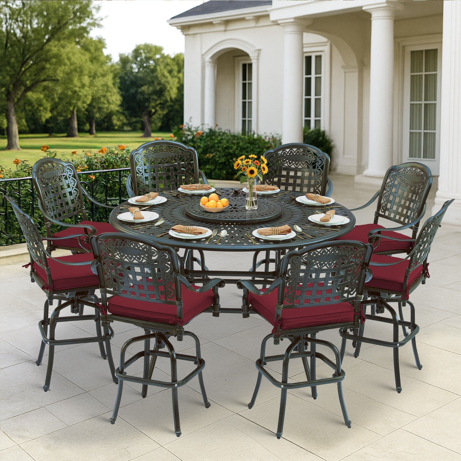 10 PCS Patio Swivel Bar Dining Set Cast Aluminum Bar Stools & Table w/Lazy Susan