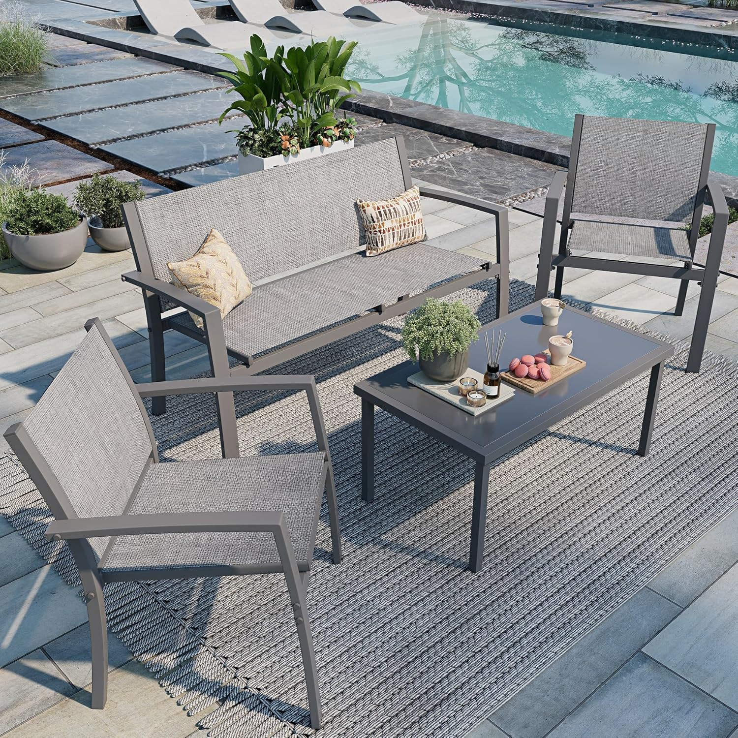 4 Pieces Patio Furniture Set All Weather Textile Fabric Outdoor Conversation Set