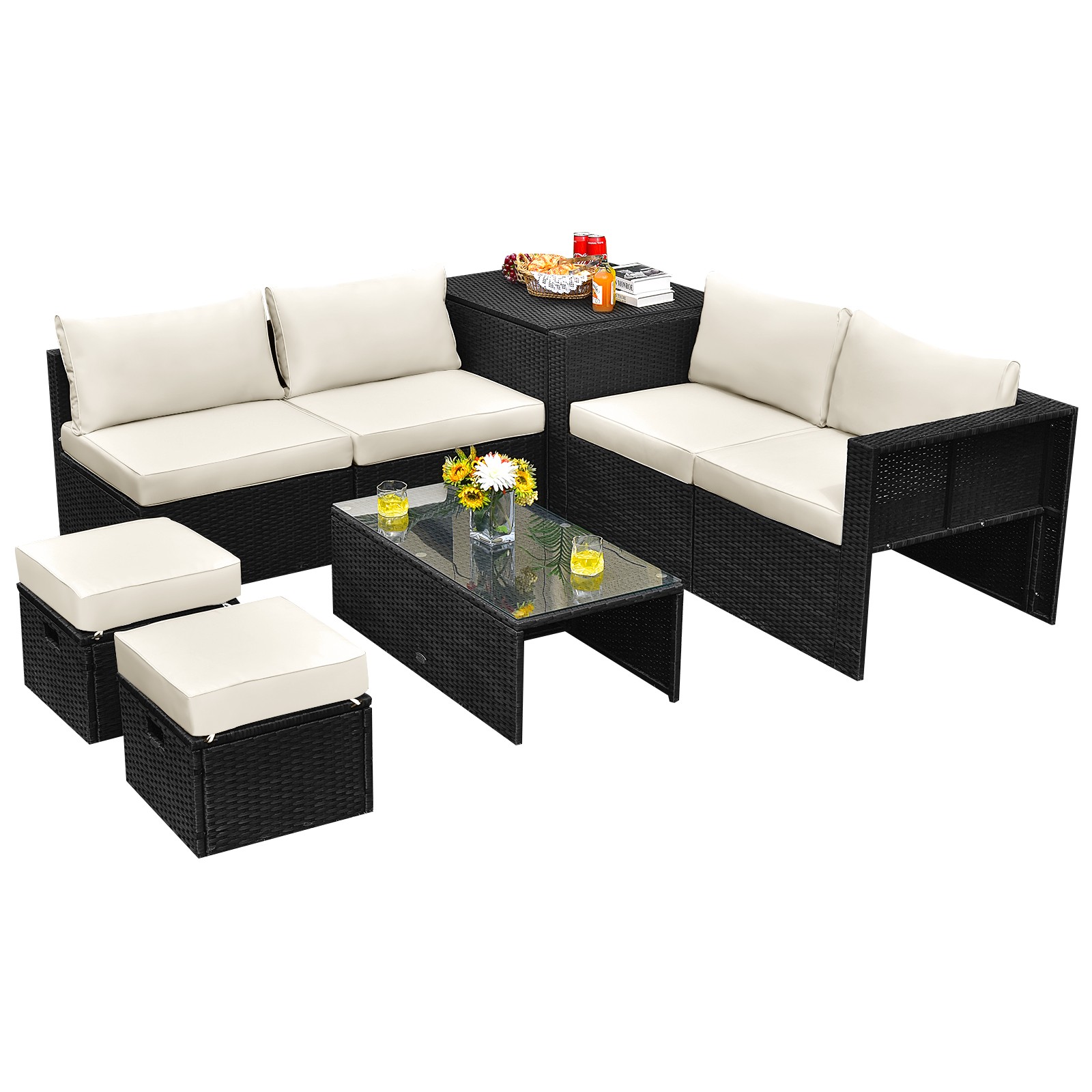 Costway 8PCS Patio Rattan Furniture Set Storage Table Ottoman Off White