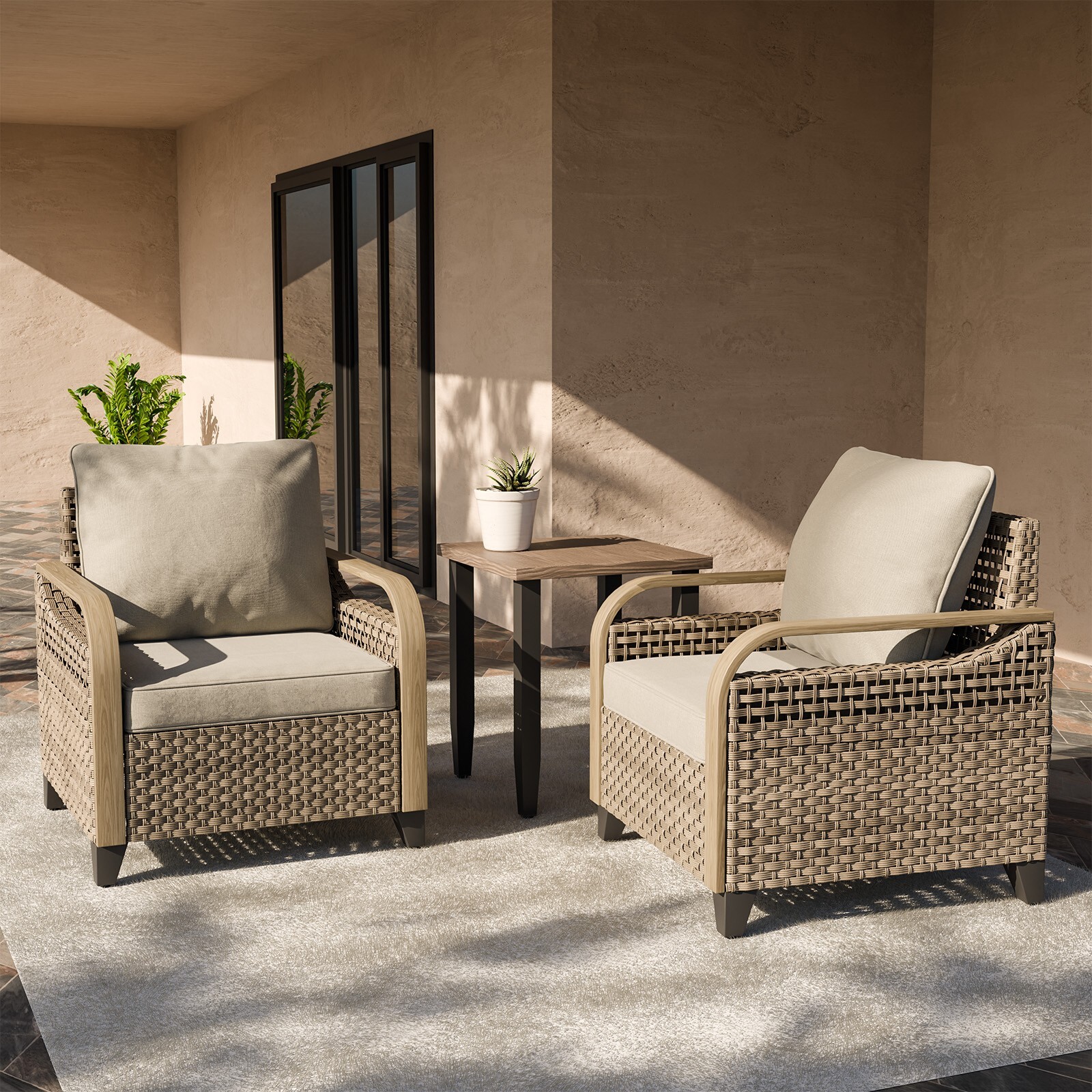 EAGLE PEAK 3 Piece Patio Furniture Set w/Wicker Outdoor Chairs & Side Table