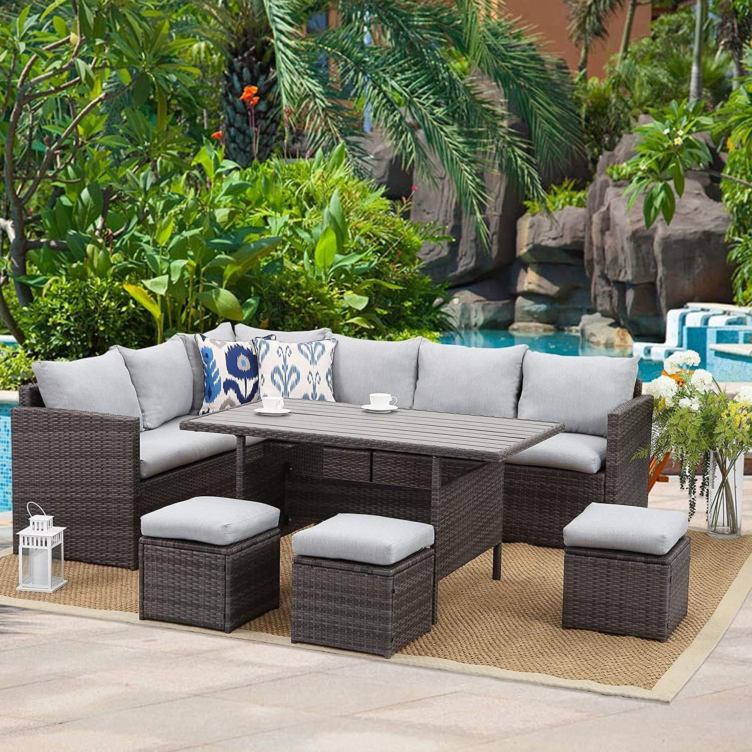 7 Piece Patio Furniture Set, Wicker Patio Sectional with Wide Armrest, All Weath