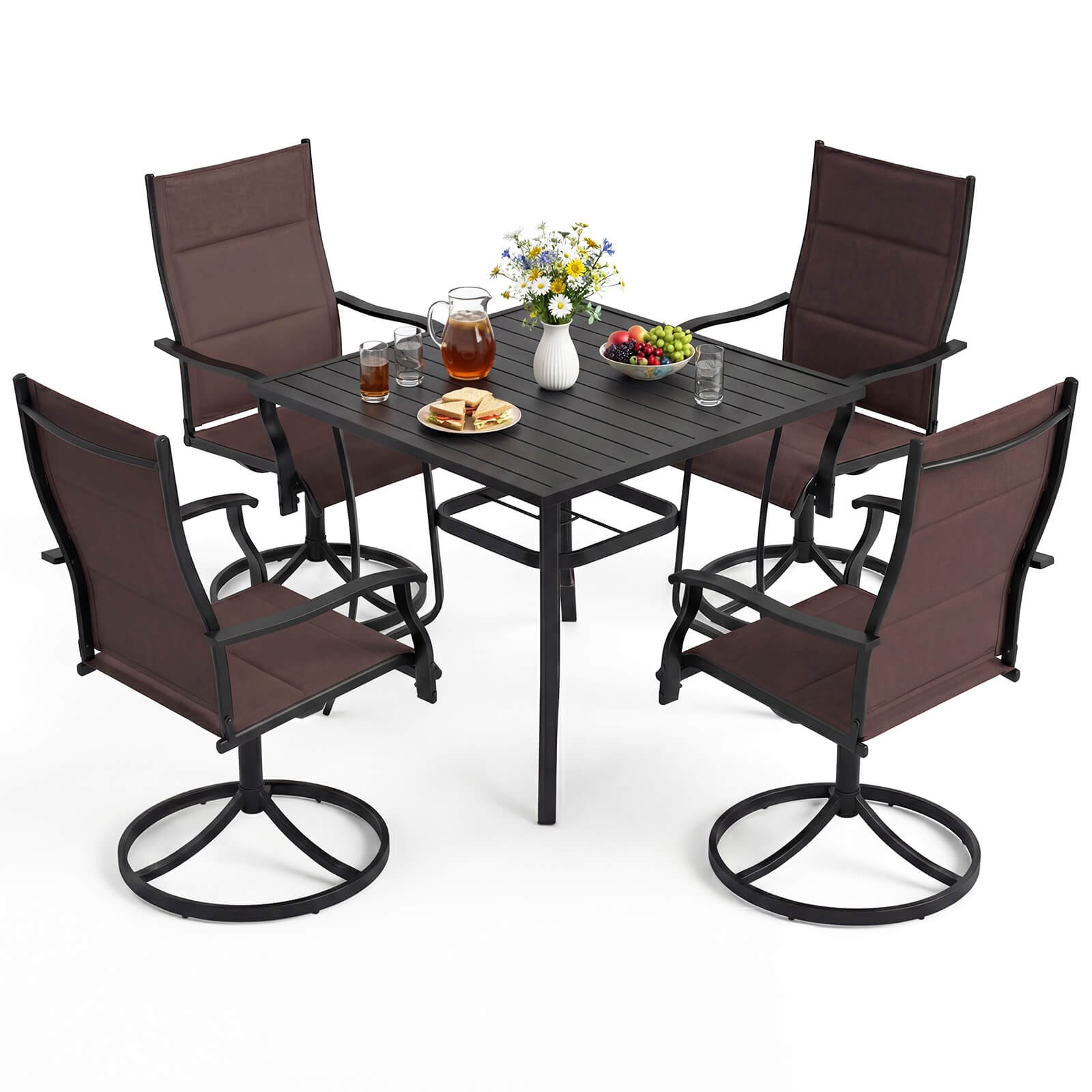5PCS Outdoor Dining Set, 4 Swivel Chairs & Square Patio Table w/Umbrella Hole