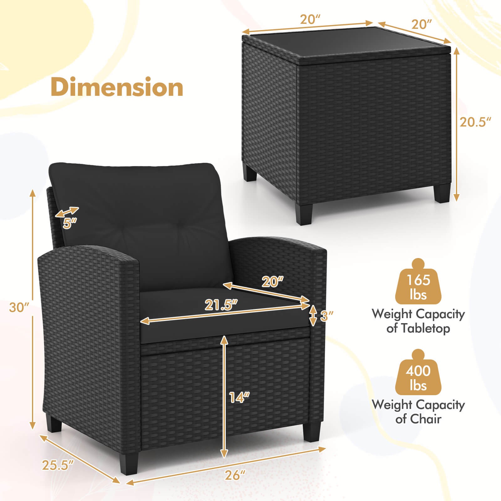 Patio 3PCS Furniture Set w/Tempered Glass Coffee Table Washable Cushions
